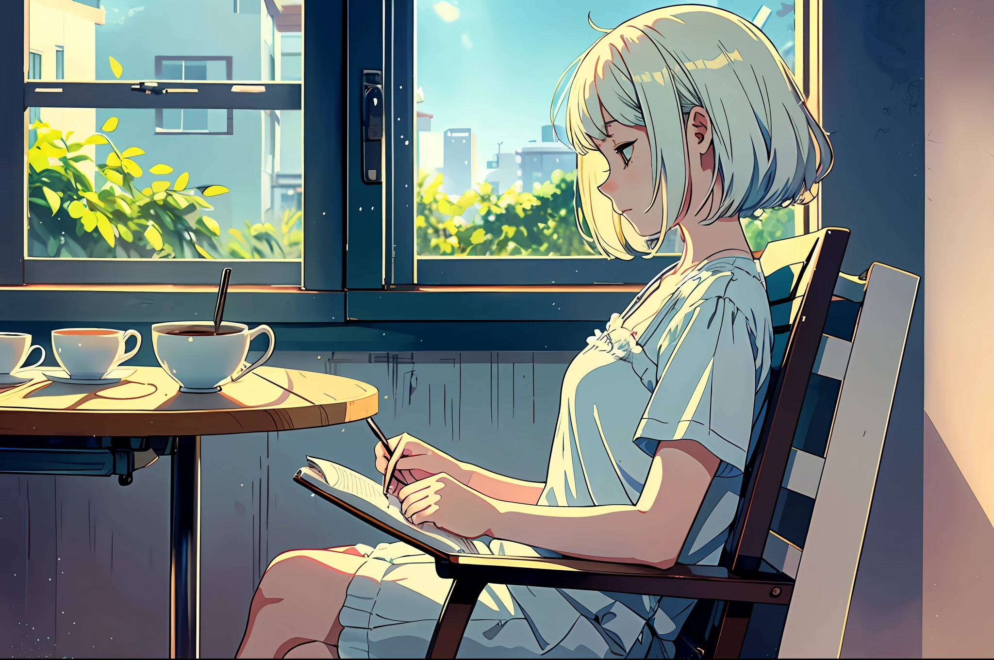 sunlight,physics-based rendering, Masterpiece, 1 girl, Delicate Face Soft, gentle, face profile, Lovely Small Breasts, Hair stuck, no makeup, short blouse, profile, sitting in a chair, typing in notebook, window in the background with minimalist details, cup of coffee on the table, highest quality, soft colors, sunny day, studio ghibli, anime scene,  depth of field, 1 white cat sleeping, perfect and simplified cat anatomy, minimalist scenario focus on the character,