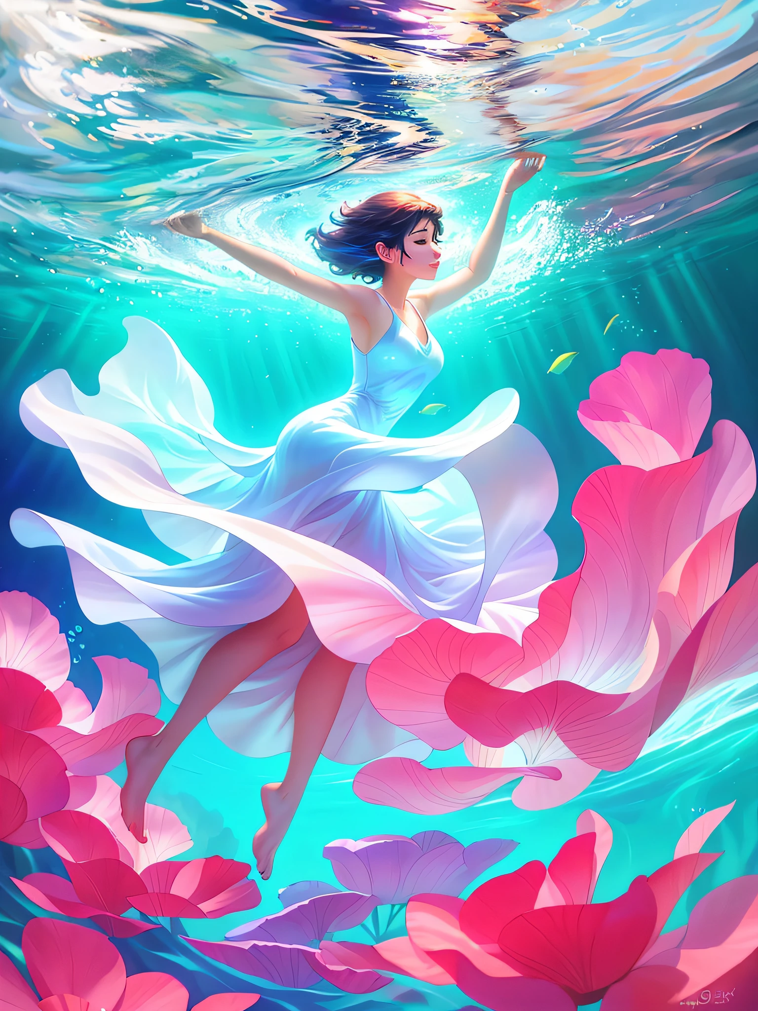 arafed image of a woman in a dress floating in the water, beautiful digital artwork, floating under water, beautiful digital illustration, stunning digital illustration, ross tran 8 k, artgerm and atey ghailan, a beautiful artwork illustration, beautiful gorgeous digital art, in style of cyril rolando, inspired by Ross Tran, underwater photography, by Alexander Kucharsky
