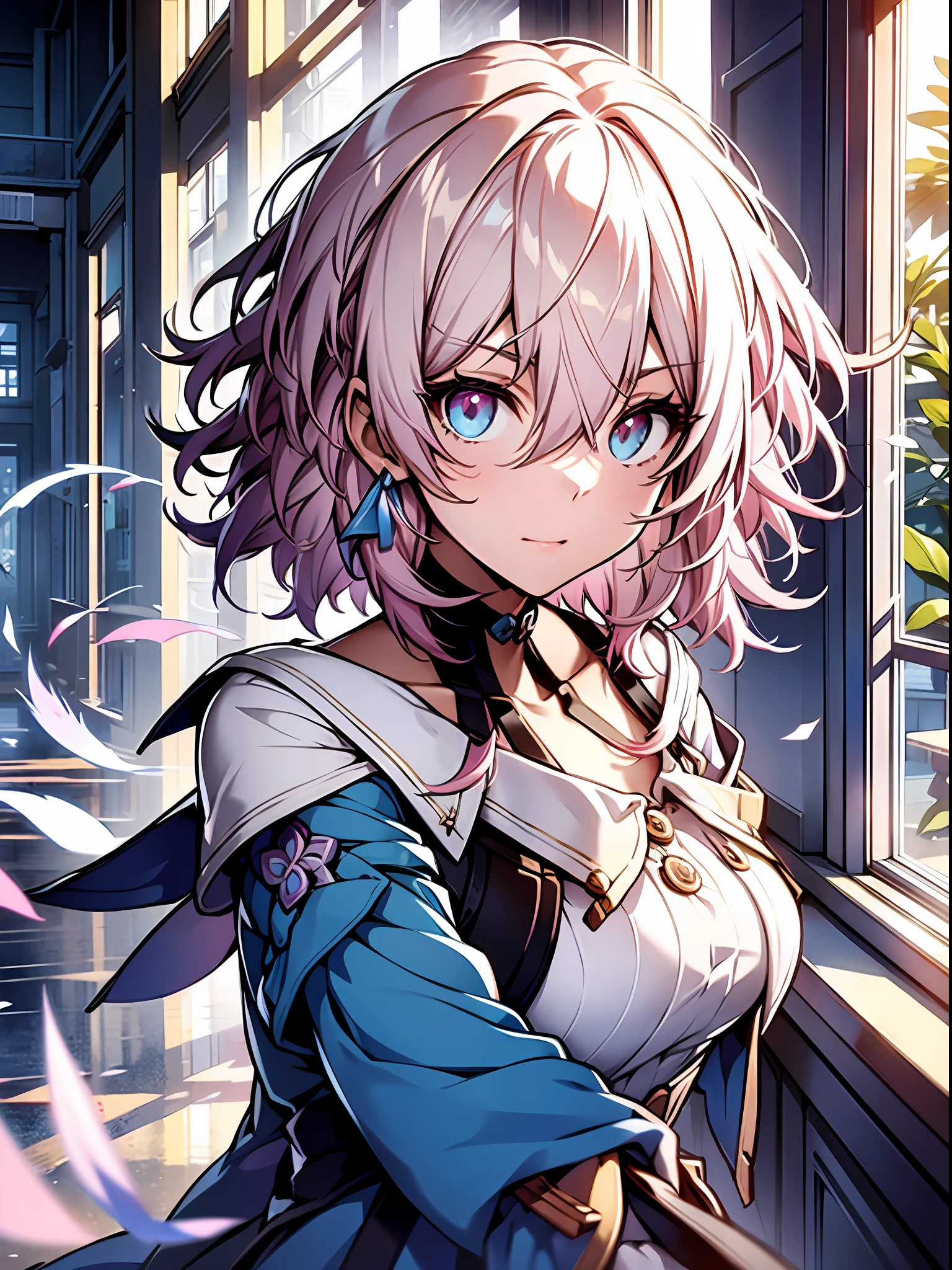 Exquisite masterpiece, best quality, illustration style, an anime girl with pink hair, short hair, classroom by the window, sunlight pouring in from the window, gentle and playful, white and blue clothing matching, powder blue gradient eyes, small, side face, wind blowing up the pages, youth and beauty, dynamic posture contains the golden section, large aperture portrait, picture white, strong contrast between light and shadow, super texture, bright tone, the picture is super clear and concise, presenting extreme beauty, elegant temperament, delicate facial expressions, background blurring