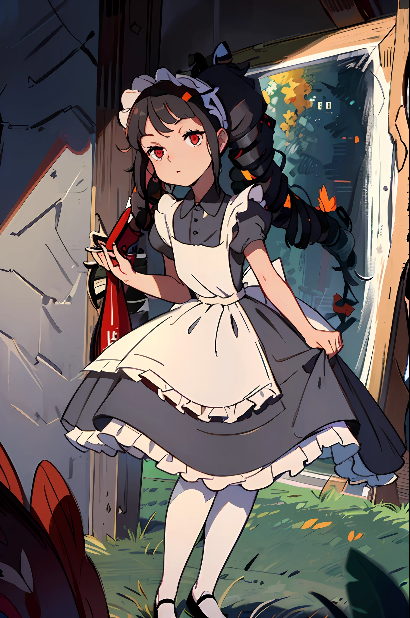 (masterpiece:1.4), (best qualit:1.4), (high resolution:1.4), Celestia Ludenburg, has black hair in two large twin-drill pigtails, red eyes, black dress, white apron, black hairband, white victorian tights, neutral expression, looking at viewer, skirt lifted