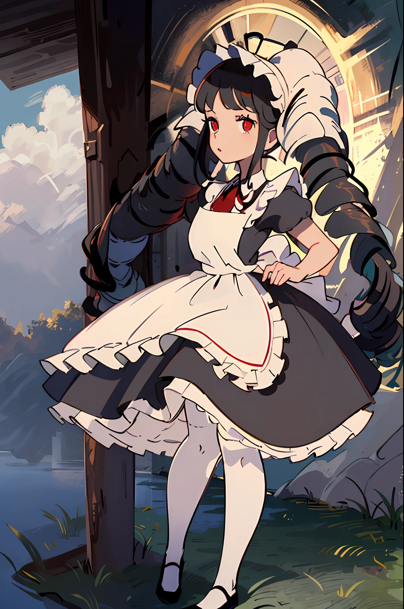 (masterpiece:1.4), (best qualit:1.4), (high resolution:1.4), Celestia Ludenburg, has black hair in two large twin-drill pigtails, red eyes, black dress, white apron, black hairband, white victorian tights, neutral expression, looking at viewer, skirt lifted