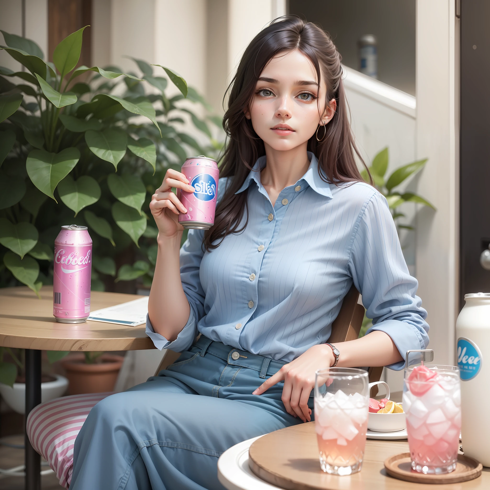 There is a woman sitting at a table, holding a can of pink and blue soda, very pleasant, homely, elegant, dressed in a modern daily sports but decent style, small and not exposed, careful not to have extra hands, the background is modern and simple