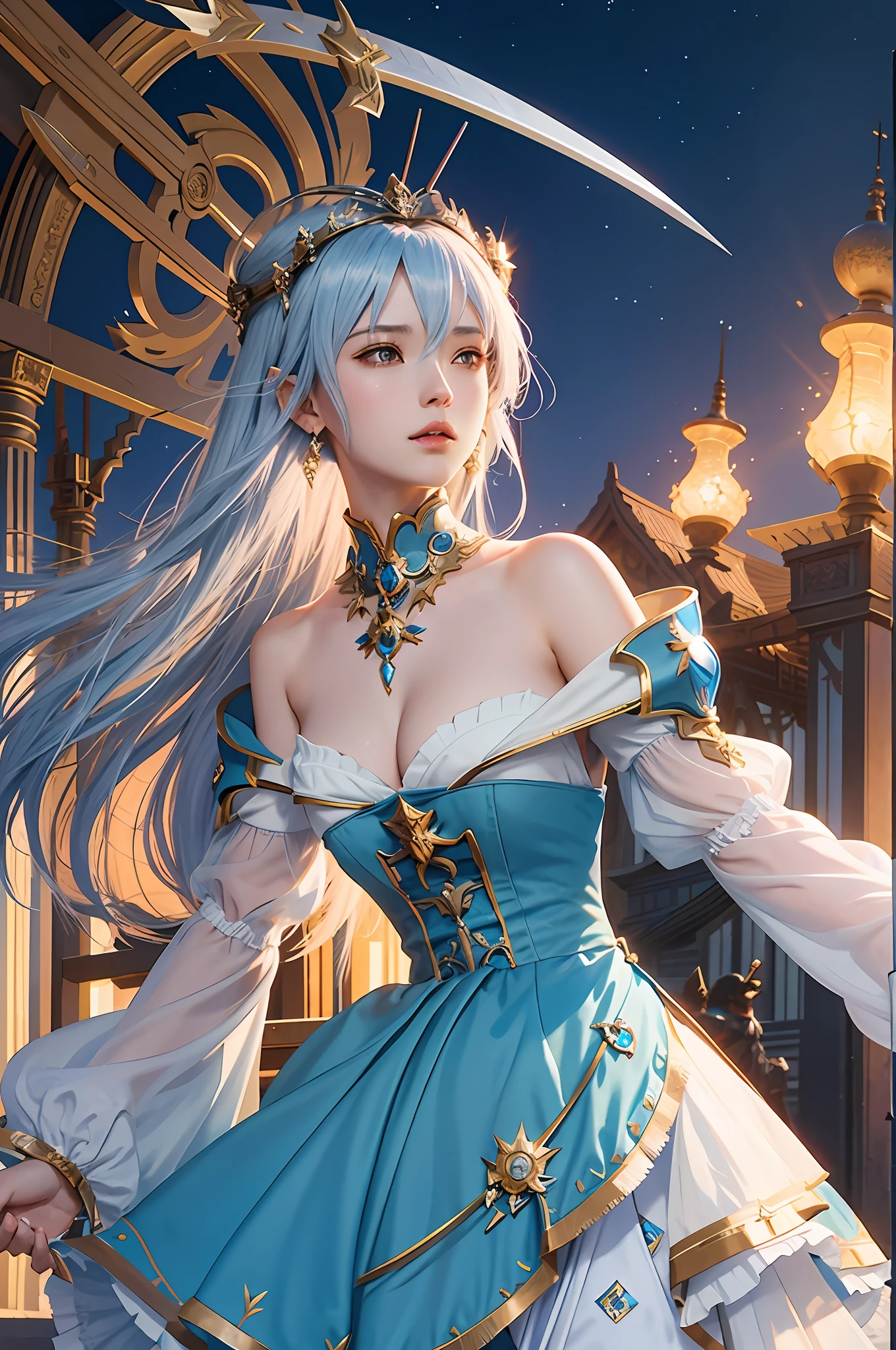 anime girl in a blue dress with a sword in her hand, cushart krenz key art feminine, trending on artstation pixiv, ((a beautiful fantasy empress)), portrait knights of zodiac girl, granblue fantasy, beautiful maiden, epic light novel art cover, detailed digital anime art, high detailed official artwork, extremely detailed artgerm