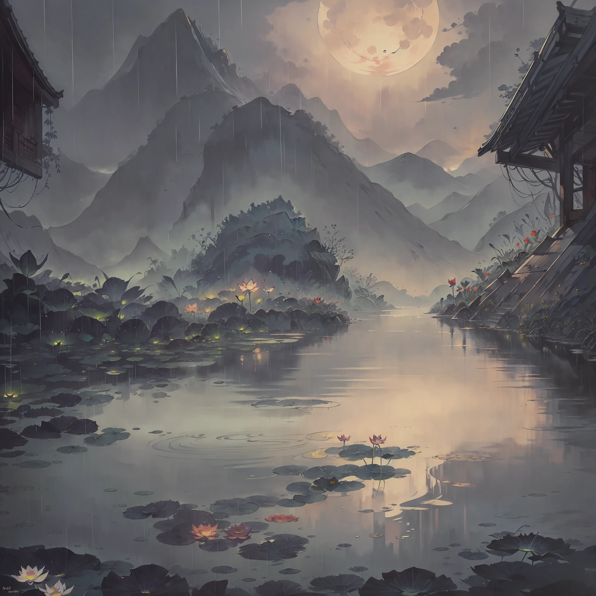 At night, only the moonlight illuminates, crooked moon, mountains in the distance, beautiful big lotus flowers nearby, big red lotus flowers, running water next to it, frogs, summer full of joy, crooked moon in the sky mixed with stars, amazing wallpaper, rainy night, night in the rain, beautiful and beautiful, movie, high detail ((heavy rain))), 8k