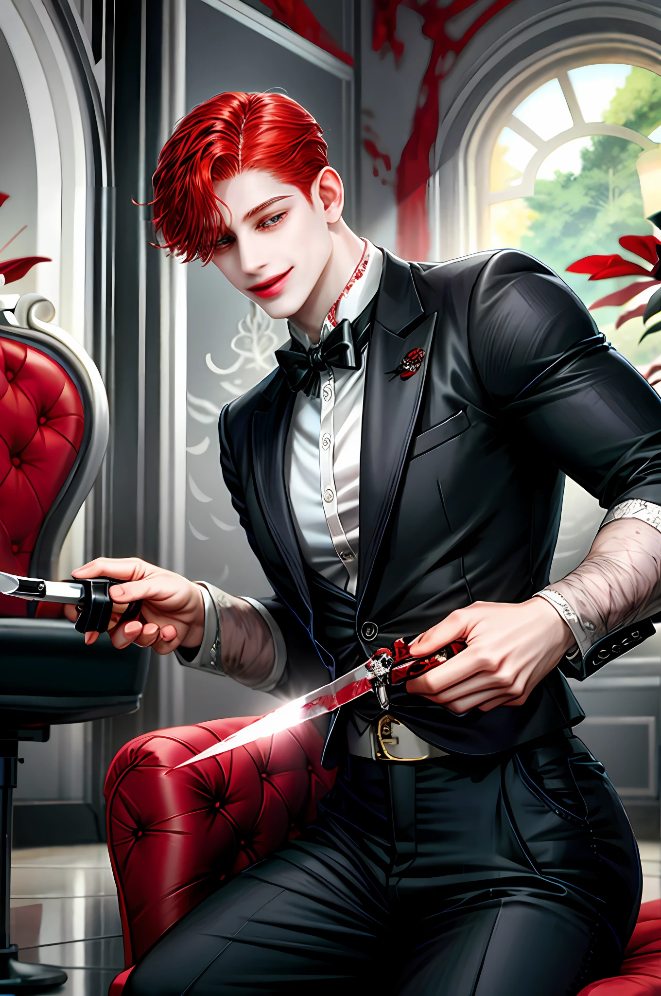 Gentleman, red hair, white skin, red blouse, black pants, young, elegant, barber, holding a blade, dark salon environment, blood all over the salon floor, a macabre smile