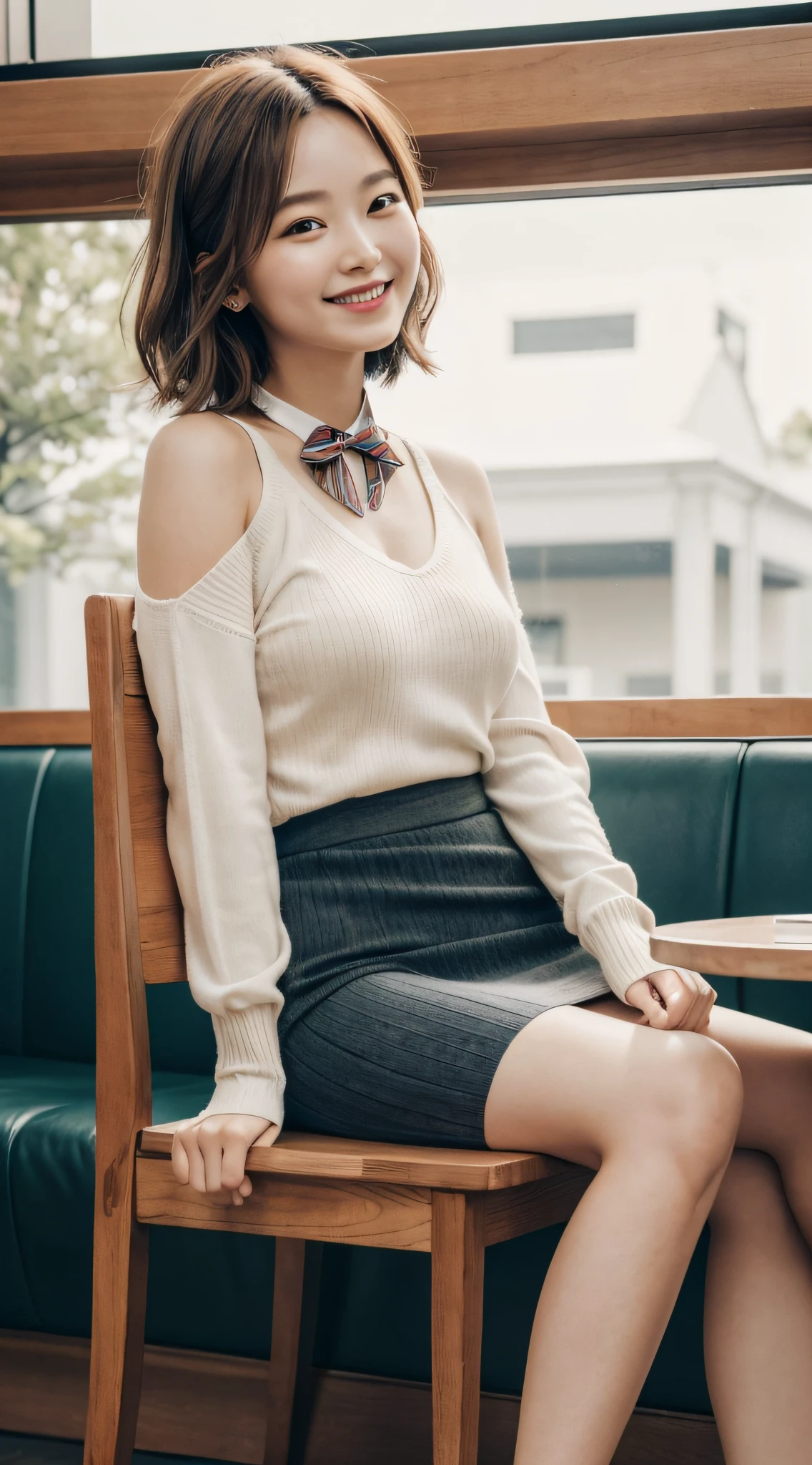 8K UHD, DSLR, Film Grain, Fujifilm XT3, (Best Quality: 1.3), (Masterpiece: 1.1), High Resolution, Cinematic Light, Intricate Detail, (Photorealistic), Outside, Beautiful Outside, Sunny,
Korean girls, (Cafe: 1.5), dimples, bob cuts, viewer show, detailed wood, ribbons, bow ties, bare shoulders, ribbed sweaters,
pencil skirt, high waist skirt, headrest, sitting, indoor,
necklace, seat transport sweater, (smile), slender (full body: 1.6),