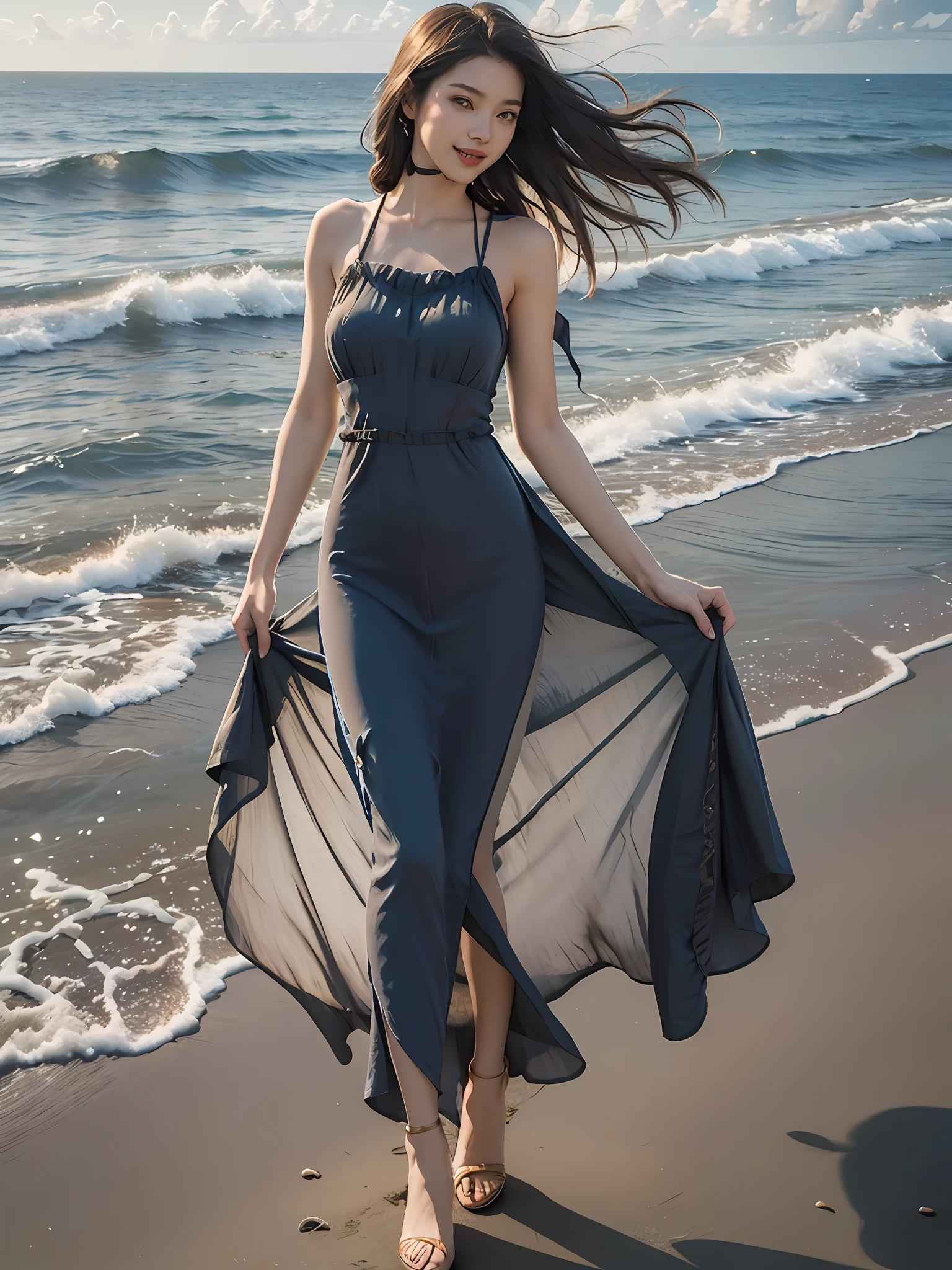 Best quality,masterpiece, ultra high res, (photorealistic:1.4), raw photo,(slender legs),(beautiful hands),1girl,solo,standing,((maxi dress:1.5)),in the dark, deep shadow,(jimmy choo), (floating colorful wind:1) ,(full body),Perfect eyes, perfect face, Beach, sea, smile,low key, Slim figure, ((golden ratio figure)), ((perfect long legs))