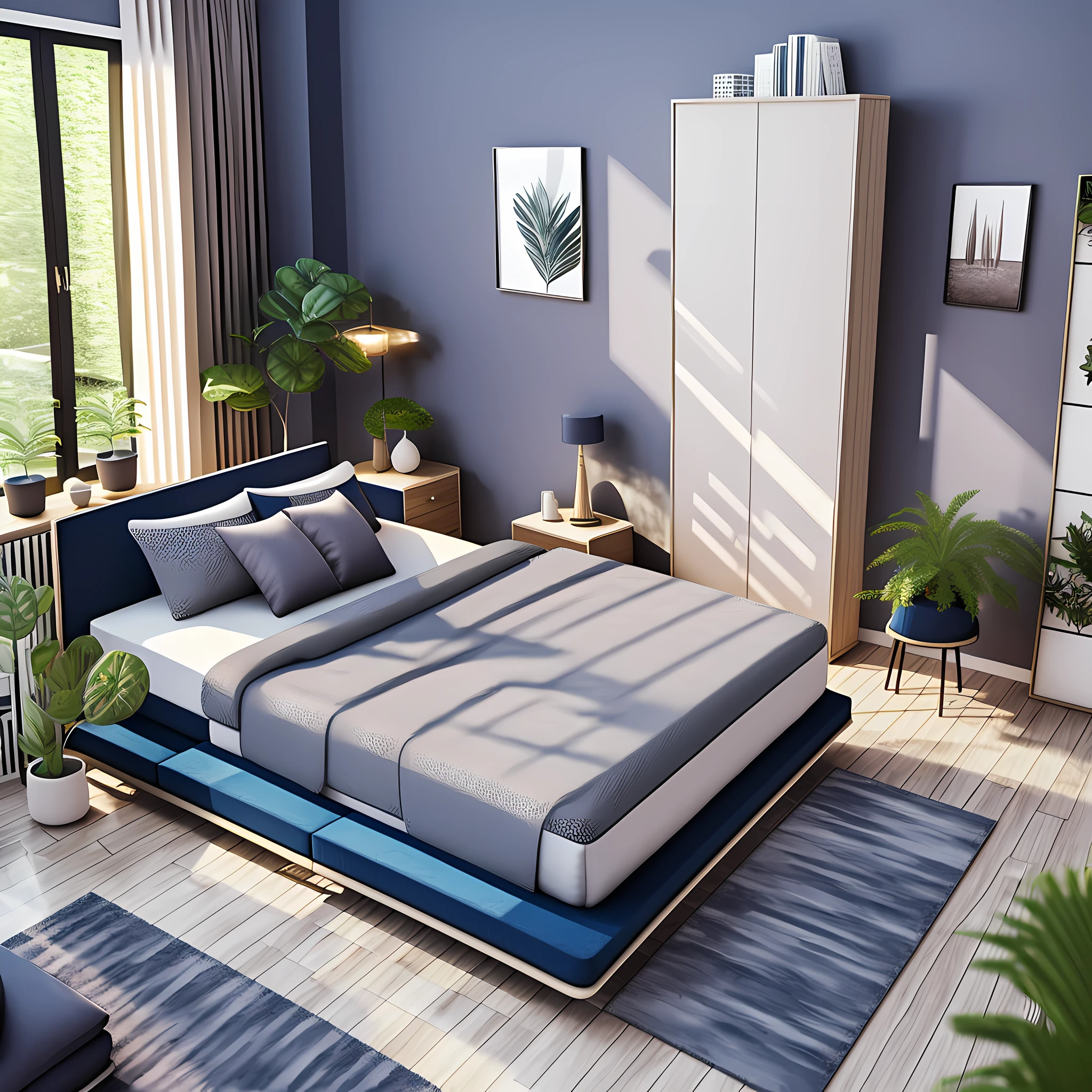 Interior design scene, bedroom home, arafed mattress, sofa, 3D rendering scene, plant decoration, realism, high quality, 8K, real details