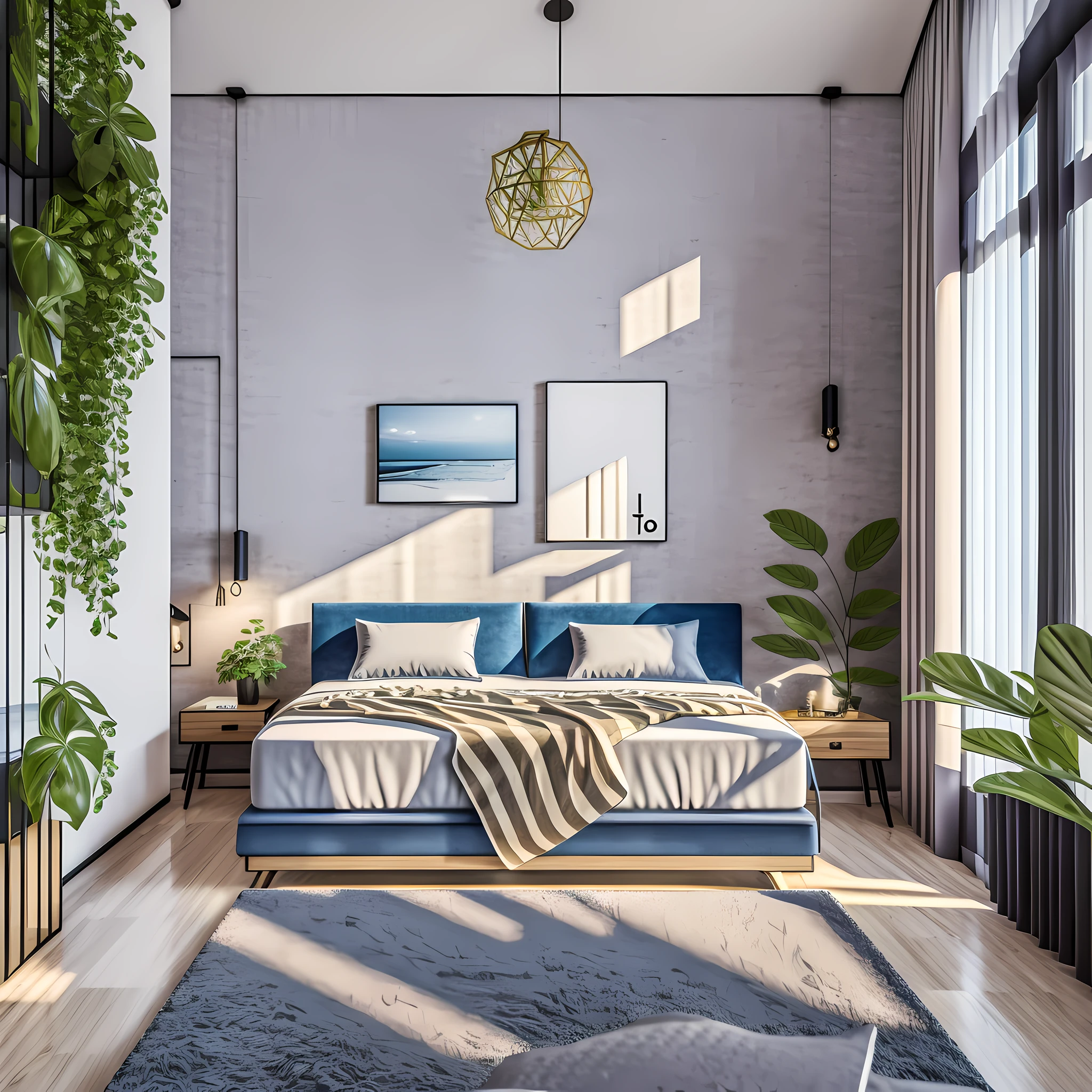 Interior design scene, bedroom home, arafed mattress, sofa, 3D rendering scene, plant decoration, realism, high quality, 8K, real details