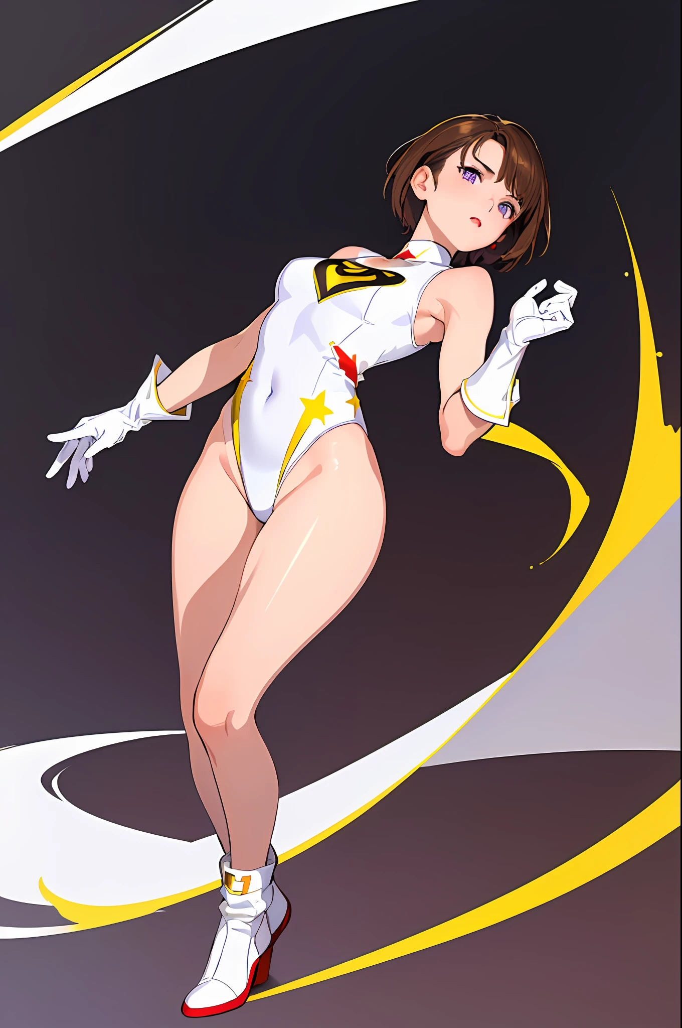 ((masterpiece)). ((best quality)), ((highres)), 1girl, solo, short hair, brown hair, purple eyes, (full body), standing, hands on hip, (sleeveless white and red leotard with yellow accents and star emblem embedded in chest area), (matching white gloves), ((bare legs)), superhero, tokyo city backdrop, matching boots, medium breasts, 20 age,