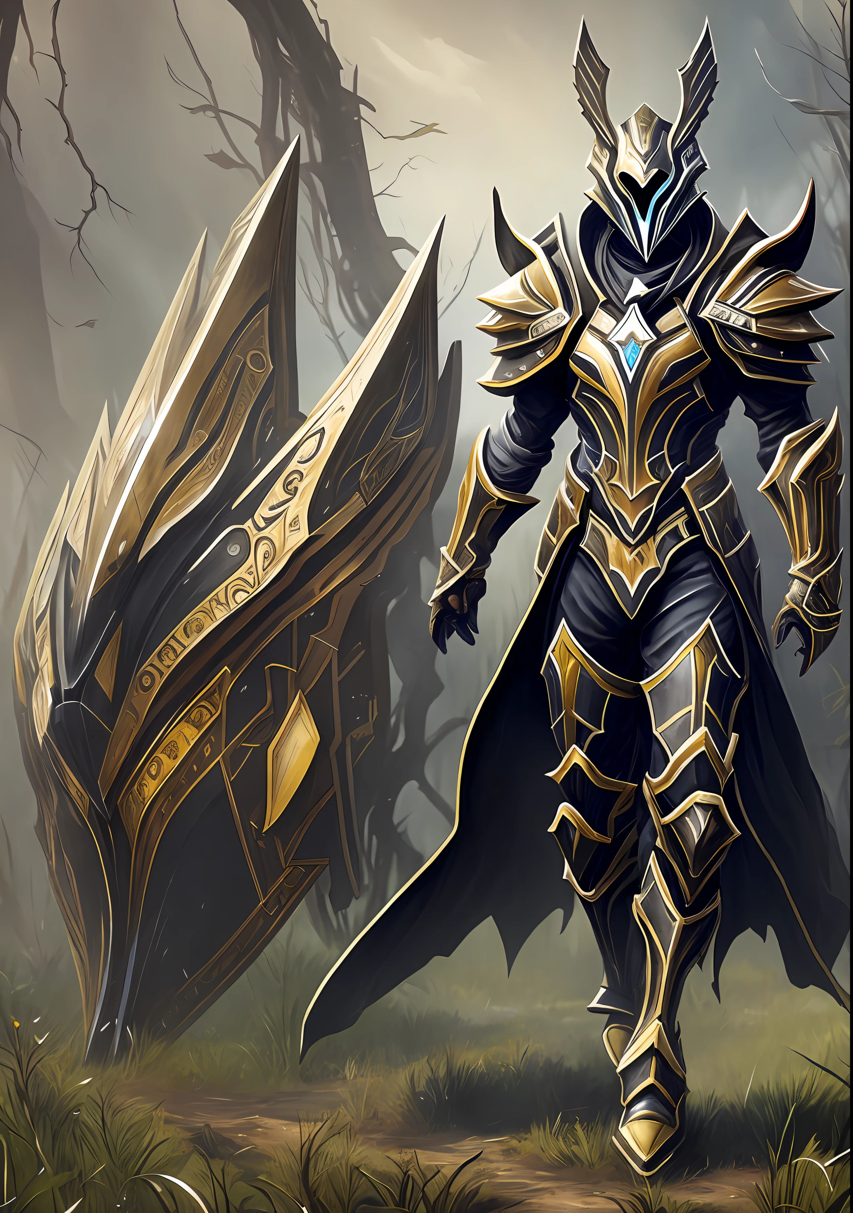 a painting of a man in armor standing in a field, high quality warframe fanart, warframe art, exquisite warframe fanart, warframe destiny art, warframe infested art, detailed warframe fanart, warframe concept art, warframe fanart, warframe hound art, warframe destiny fanart, anthropomorphic raven knight, beautiful full body concept art --auto --s2