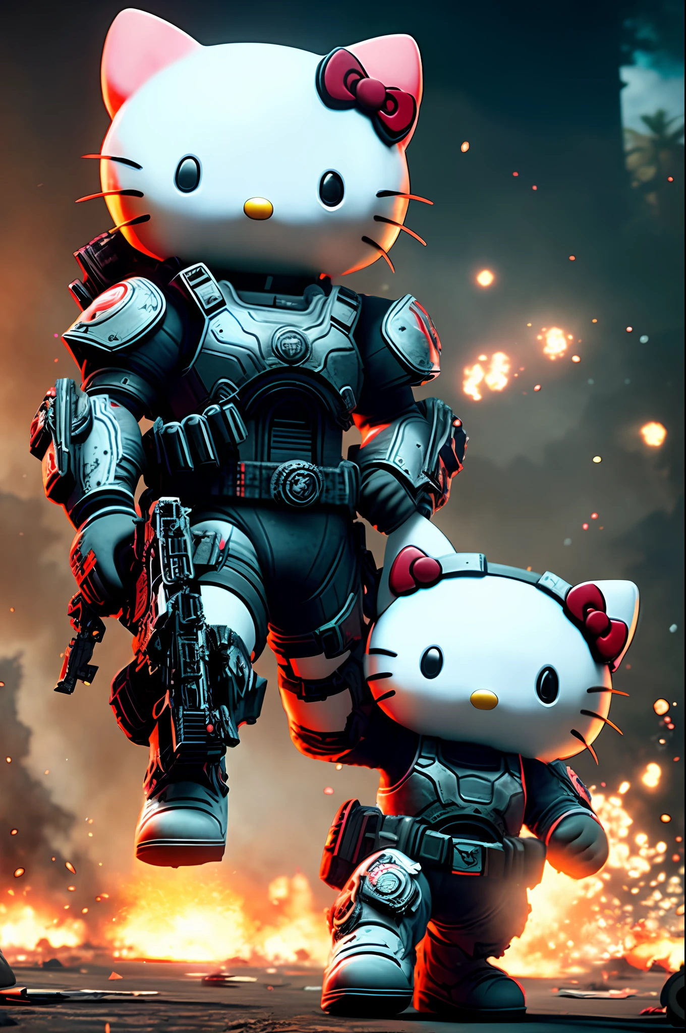 Hello Kitty in Gears of War, splash art, movie still, detailed face, cinematic lighting, color, dramatic, octane render, long lens, shallow depth of field, bokeh, anamorphic lens flare,8k, hyper detailed, 35mm film grain