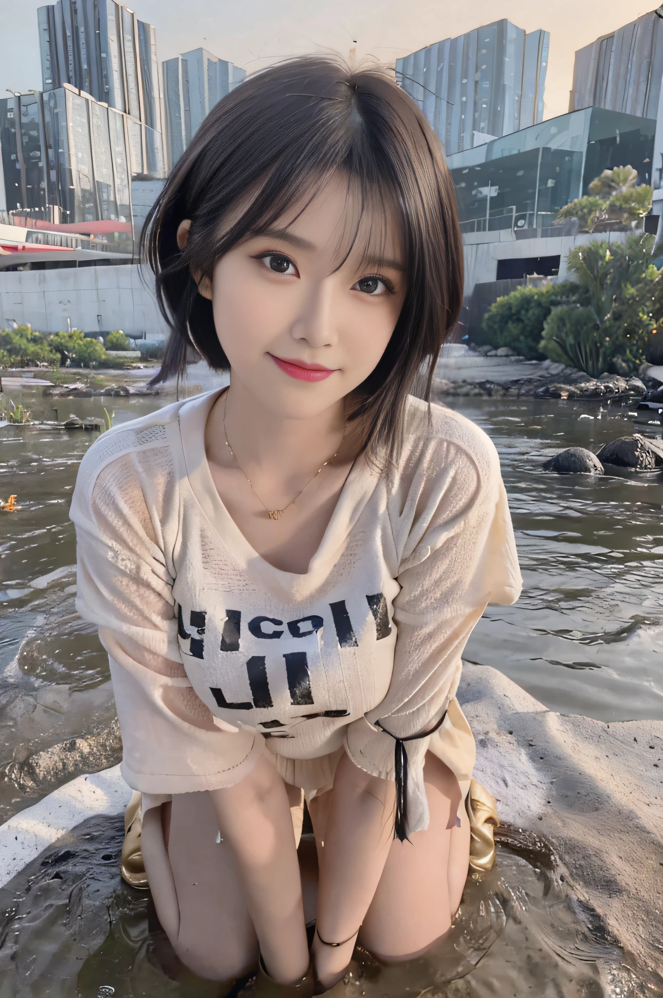 (2 women, kneeling in a dirty cesspool, hugs: 1.5), (masterpiece: 1.3), (8k, realistic, RAW photos, best quality: 1.4), Japanese, city garbage dumps, garbage dumps, sewage on the ground, dirty water, beautiful and detailed face, (realistic face), (black hair, short hair: 1.2), beautiful hairstyle, realistic eyes, beautiful detailed eyes, (realistic skin), beautiful skin, attractive, super high resolution, super realistic, highly detailed, golden ratio, ( Face: 1.2), looking at the audience, smiling, tight t-shirt, casual miniskirt, medium breasts, kneeling, hands on hips, half-body, close-up, shoulder off, sunlight, face light