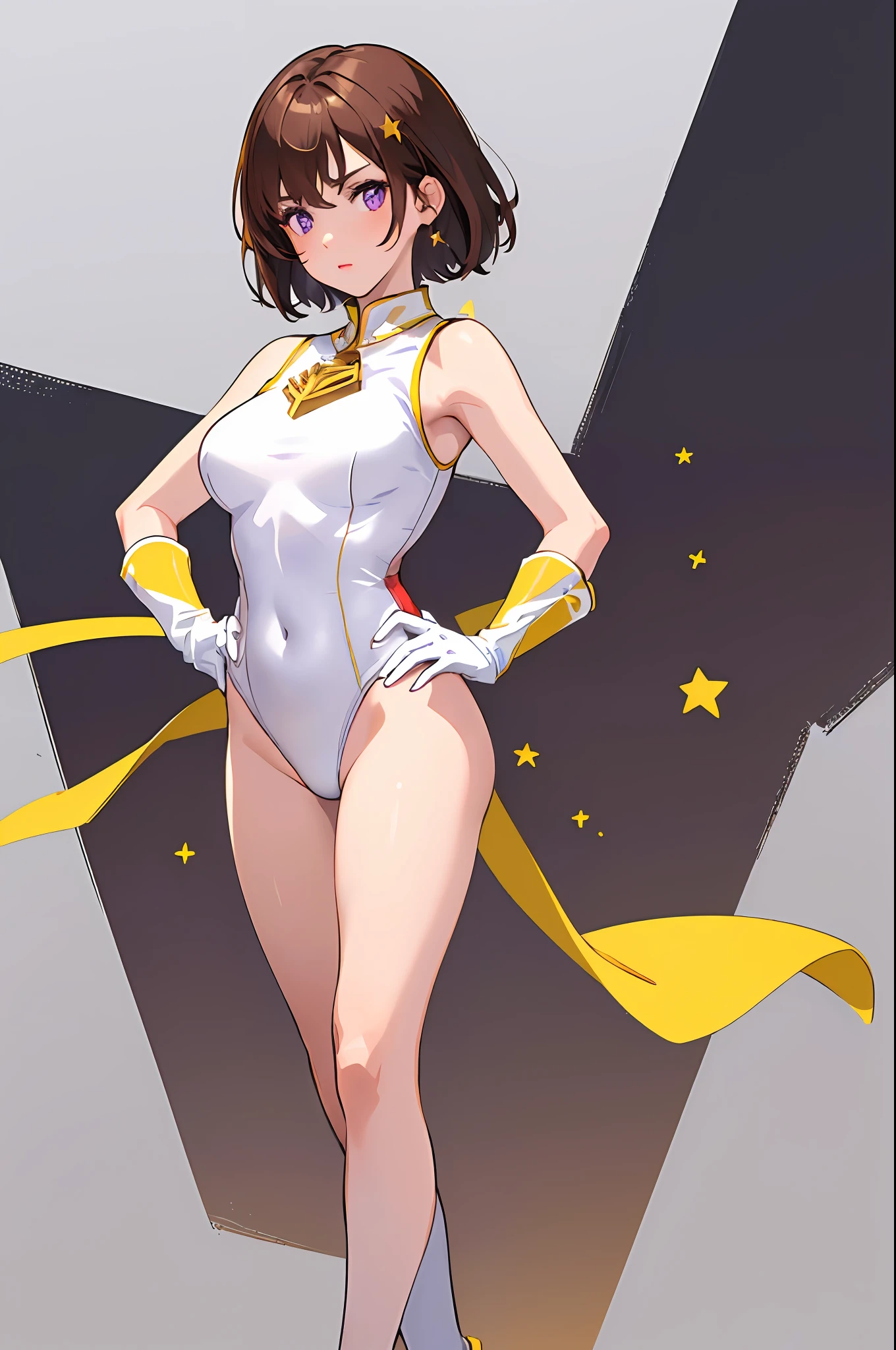 ((masterpiece)). ((best quality)), ((highres)), 1girl, solo, short hair, brown hair, purple eyes, (full body), standing, hands on hip, (sleeveless white and red leotard with yellow accents and star emblem embedded in chest area), (matching white gloves), ((bare legs)), superhero, tokyo city backdrop, matching boots, medium breasts, 20 age,