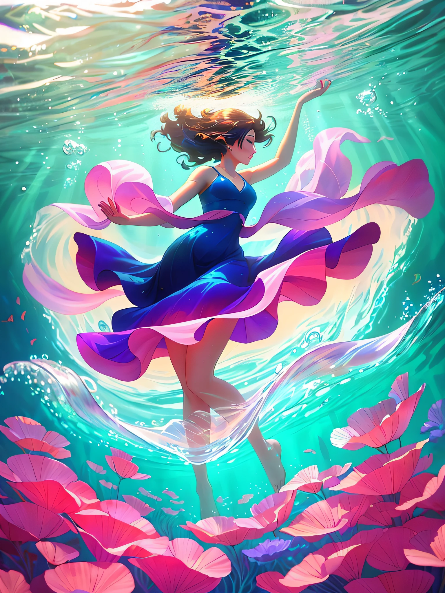 arafed image of a woman in a dress floating in the water, beautiful digital artwork, floating under water, beautiful digital illustration, stunning digital illustration, ross tran 8 k, artgerm and atey ghailan, a beautiful artwork illustration, beautiful gorgeous digital art, in style of cyril rolando, inspired by Ross Tran, underwater photography, by Alexander Kucharsky