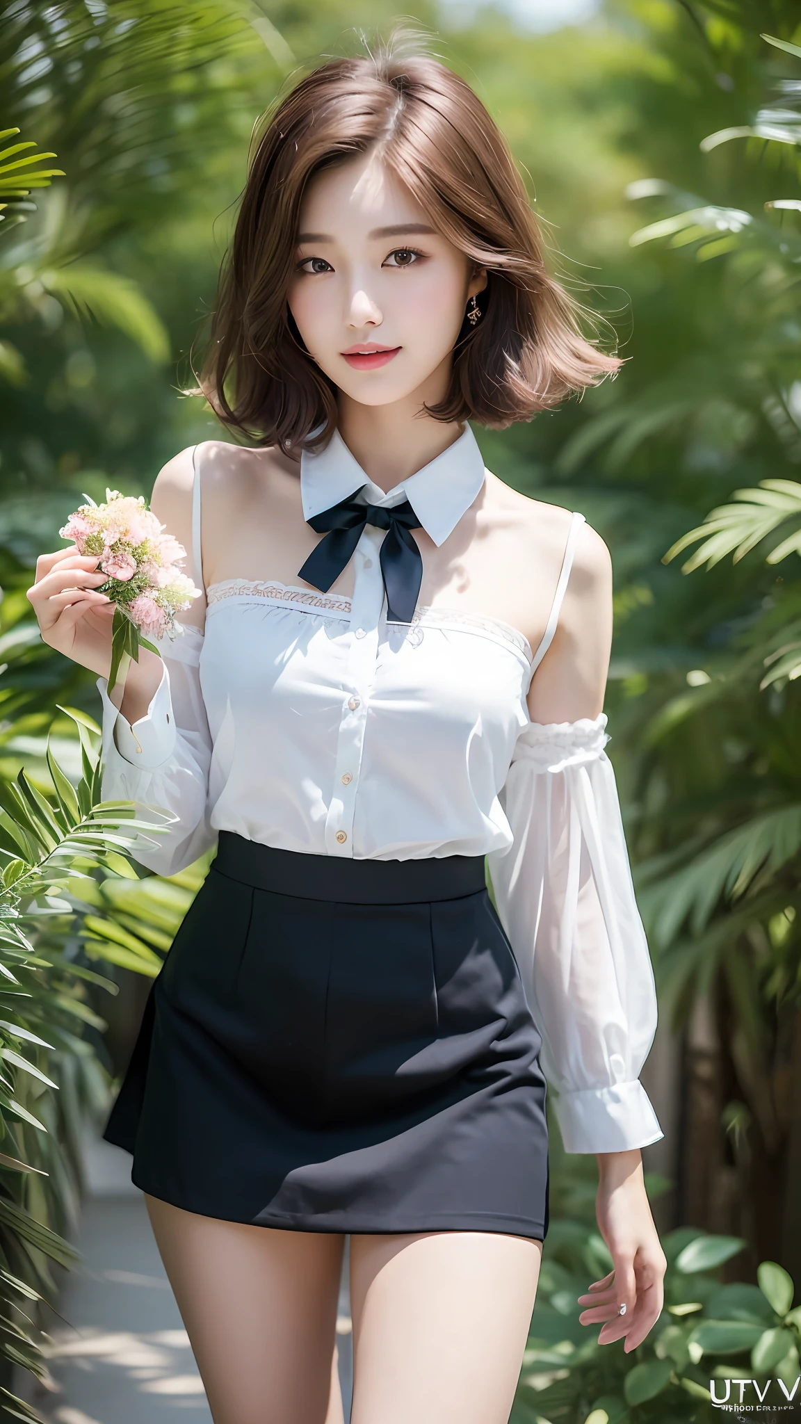 (Best quality, Ultra high resolution, Delicate, Masterpiece, Full body :1.3), Photorealistic, A pretty woman, Ulzzang-6500-v1.1, Slim figure beauty, Slim waist, (Short hair), Collared shirt and flared skirt, High heels, Smirk, Outdoor, Warm tone, Soft light, Details exquisitely rendered in the face and skin texture, Detailed eyes, Double eyelid