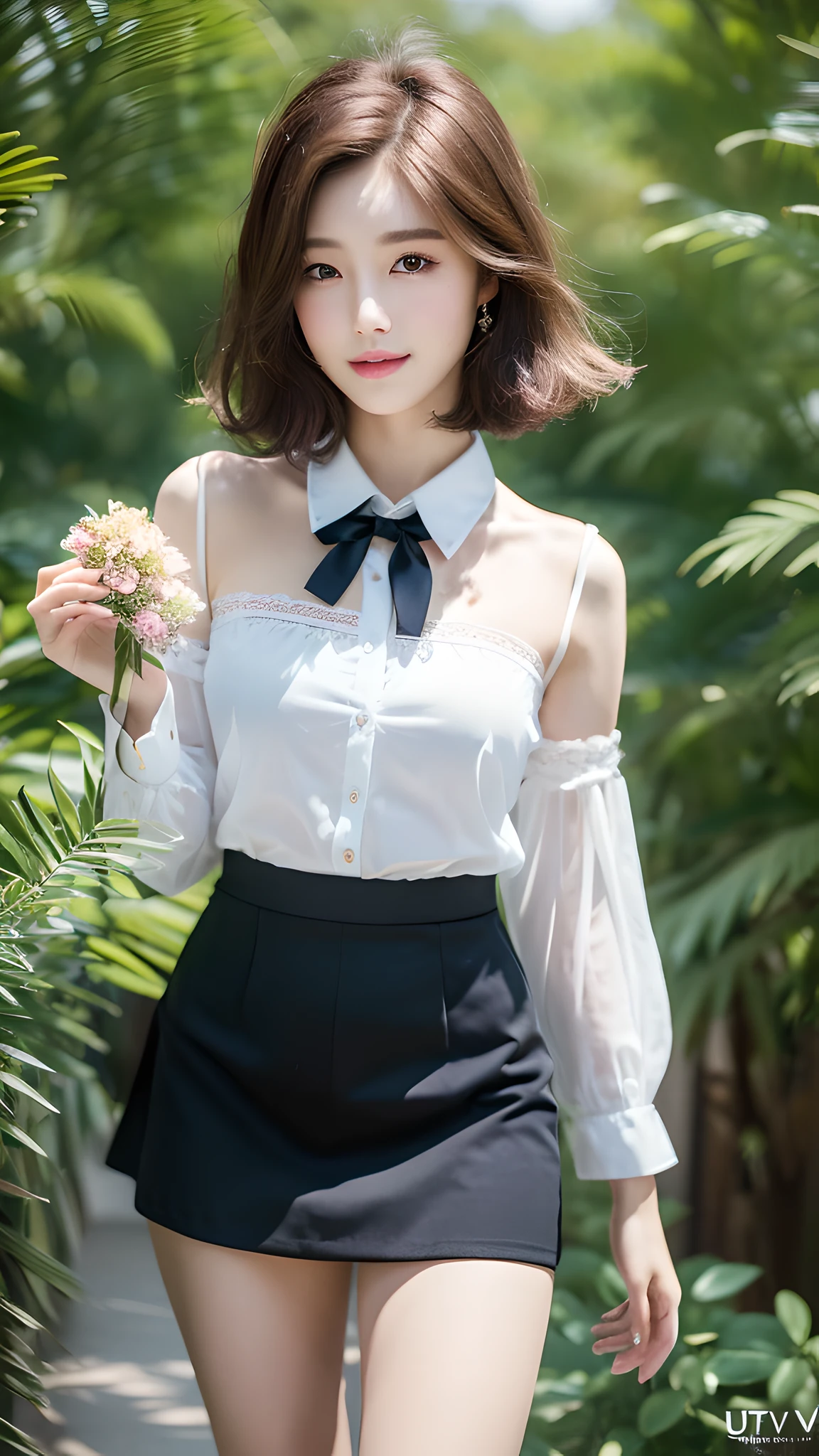 (Best quality, Ultra high resolution, Delicate, Masterpiece, Full body :1.3), Photorealistic, A pretty woman, Ulzzang-6500-v1.1, Slim figure beauty, Slim waist, (Short hair), Collared shirt and flared skirt, High heels, Smirk, Outdoor, Warm tone, Soft light, Details exquisitely rendered in the face and skin texture, Detailed eyes, Double eyelid