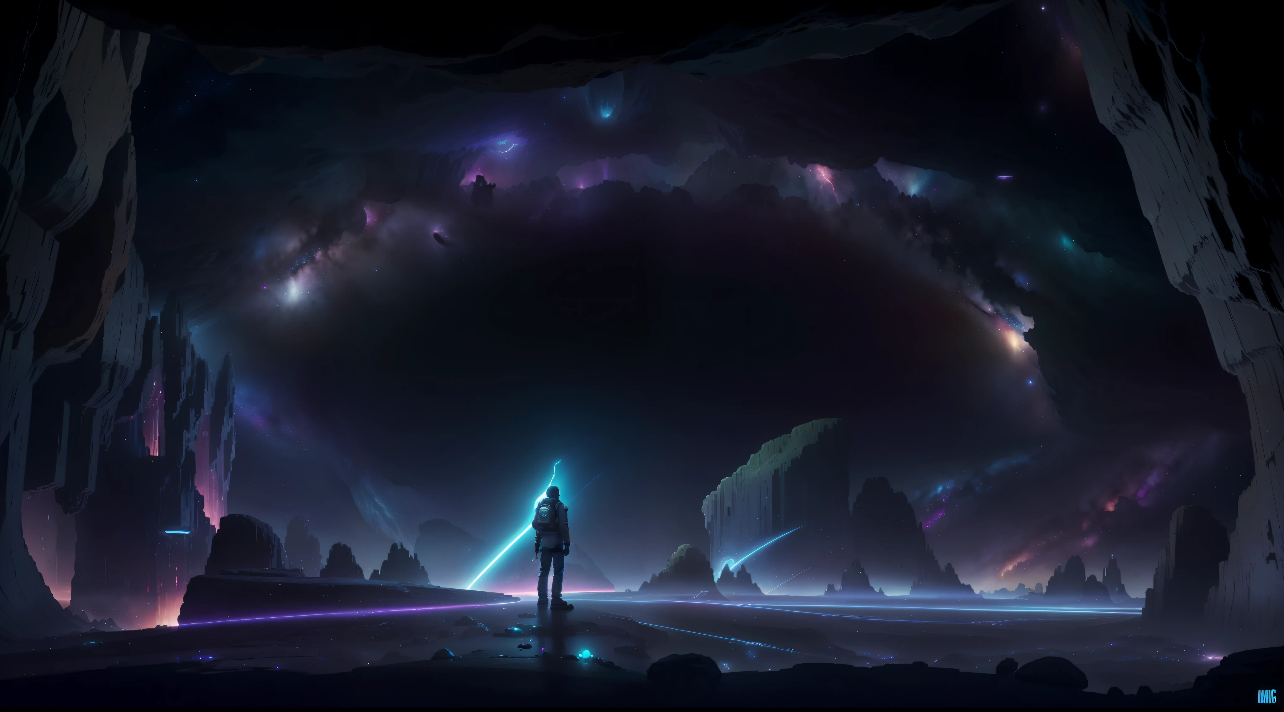 a man standing in a cave looking at a colorful galaxy, epic fantasy sci fi illustration, looking out into space, sci-fi digital art illustration, beeple and mike winkelmann, beeple |, beeple masterpiece, by Beeple, surreal space, artgem and beeple masterpiece, beeple daily art, beeple artwork