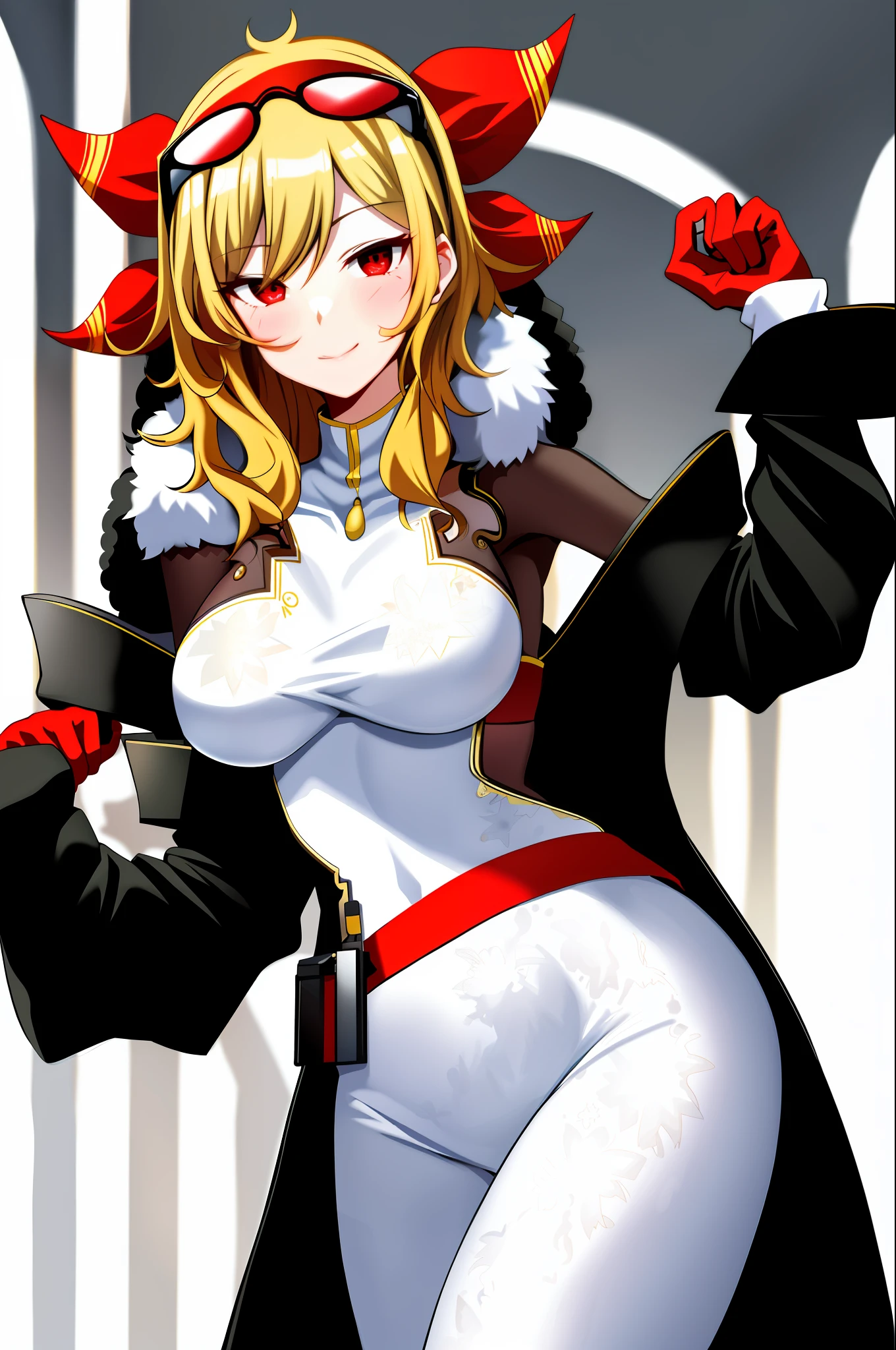 2d, masterpiece, best quality, anime, highly detailed face, highly detailed eyes, highly detailed background, perfect lighting, full body, 1girl, solo, kaela kovalskia, tall, red-tinted eyewear, eyewear on head, fur trim, white dress, bodysuit, gloves, red hairband, large breasts, snow, standing, blush, sexy pose,
