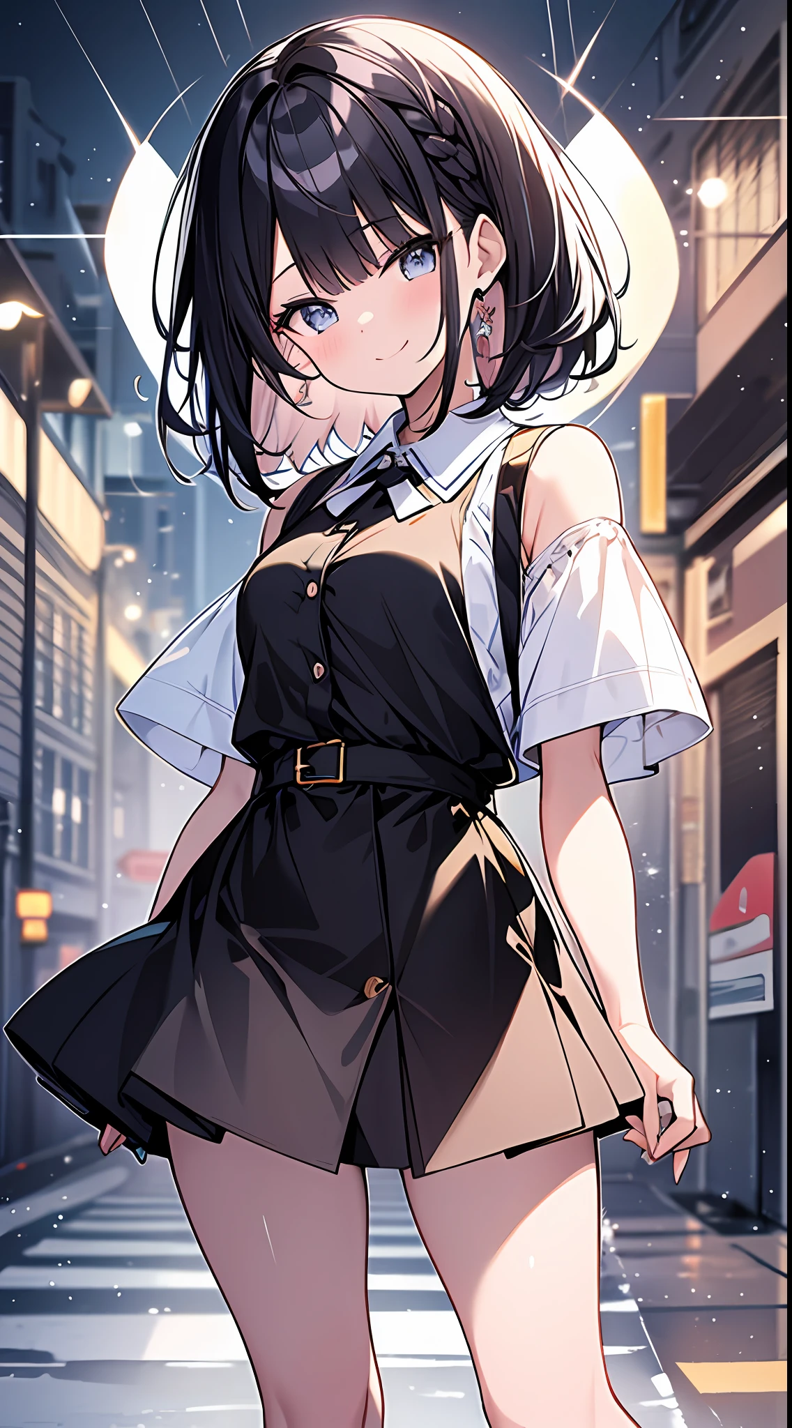Top Quality, Masterpiece, High Definition, 8k, Pastel Color, Anime Style Girl with Light Shirt and Skirt, One Girl, Detailed Line Art, Bright White and Bright Amber Style, Frolic, After the Rain, Digital Enhancement, Close Up, Anime Core, Flowing Fabric, Hair length and short braids to the shoulders, Beautiful black hair, big smile, Full body angle