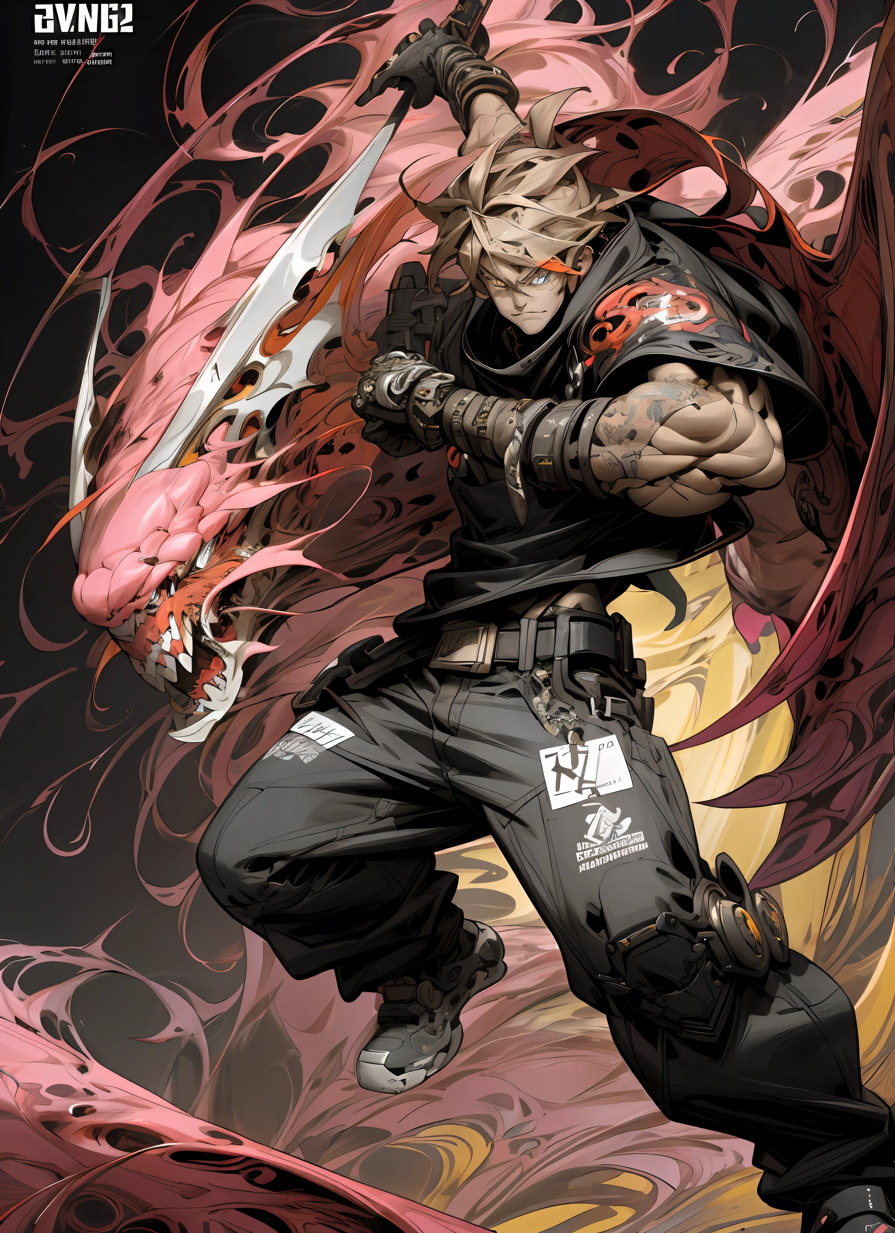 boys, excellent lighting, sidelighting, (), vhsKeeper, background, mixed-language_text, Japanese letters in graffit, style GUILTY GEAR -STRIVE perfect(flat color: 1.3), (magazine_cover: 1.4), (multicolored_background: 1.3), striped_background, card_background, :: comix style by joe madureira :: , perfect and detailed, ultra detailed shirt with abstract design, with Japanese letters print in graffit of the sides of the clothes, image of full body boys fighting next to you with  powerful dragons versus tentacle-filled alien creature, with immersive effects, hover effect, tribal tattoo graffiti style background with vibrant colors "ultra HDR" detailed and with focus effect, (masterpiece: 1.2, best quality), (finely detailed beautiful eyes: 1.2), , ((Solo)), (Finely detailed eyes and detailed face:1.3), in various full-body attack poses, (beautiful background:  1.2),futuristic costume, super detailed circular metals Clinging to the arms and pants, fantastic paintings