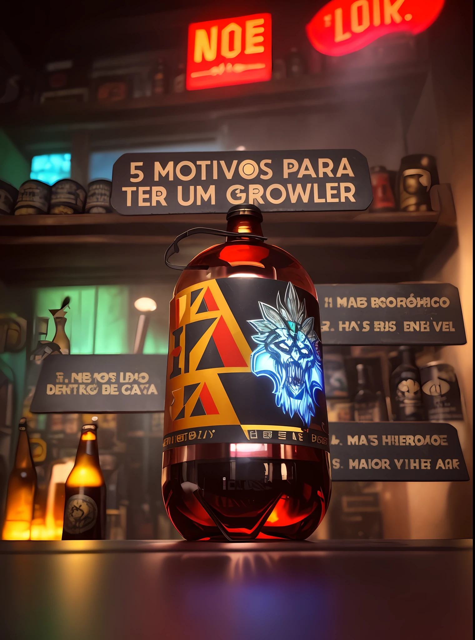 there is a bottle of beer on a counter with a sign above it, piltover, kitava, braavos, smoth, product photo, lobo, motu, 6 pack, mohawk, description, behemoth, 🚀🌈🤩, promotional, product - view, promo, ad image, mowhawk, pack, smokey, thumbnail