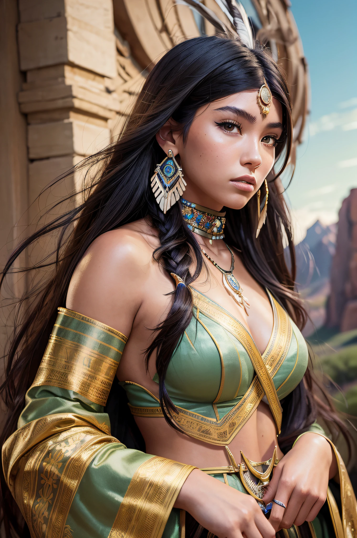 mdjrny-v4 style portrait photograph of Madison Beer as Pocahontas, young beautiful native american woman, perfect symmetrical face, feather jewelry, traditional handmade dress, armed female hunter warrior, wild west environment, Utah landscape, ultra realistic, concept art, elegant, intricate, highly detailed, depth of field, professionally color graded, 8k, art by artgerm and greg rutkowski and alphonse mucha