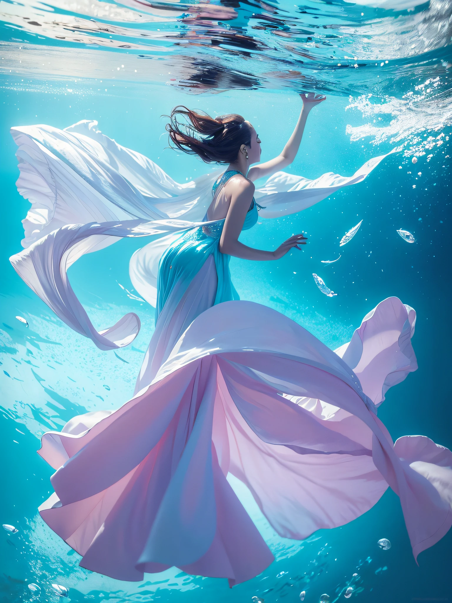 arafed image of a woman in a dress floating in the water, beautiful digital artwork, floating under water, beautiful digital illustration, stunning digital illustration, ross tran 8 k, artgerm and atey ghailan, a beautiful artwork illustration, beautiful gorgeous digital art, in style of cyril rolando, inspired by Ross Tran, underwater photography, by Alexander Kucharsky