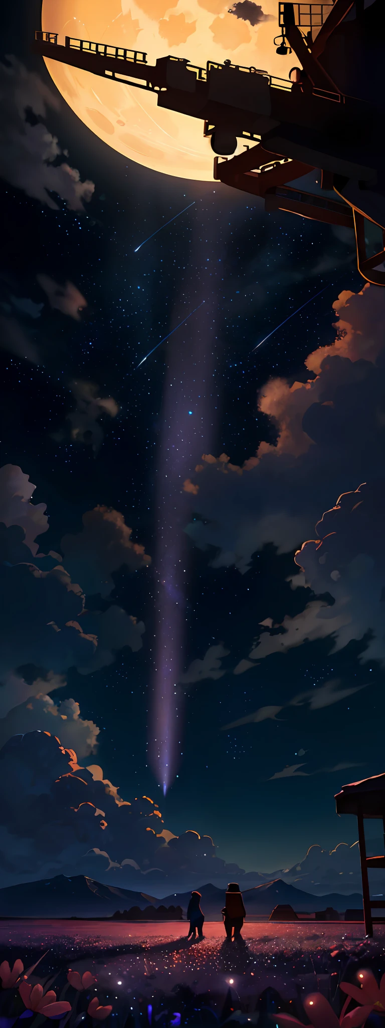 expansive landscape photography, (a view from below that shows the sky above and the open field below), a couple standing in a field of flowers looking up, (full moon: 1.2), (shooting stars: 0.9), (nebula: 1.3), distant mountain, tree BREAK production art, (hot light source: 1.2), (Firefly: 1.2), lamp, very purple and orange, complex details, volumetric lighting, realism BREAK (masterpiece: 1.2), (best quality), 4k, ultra-detailed, (dynamic composition: 1.4), highly detailed, colorful details, (iridescent colors: 1.2), (bright lighting, atmospheric lighting), dreamy, magical, (solo: 1.2)