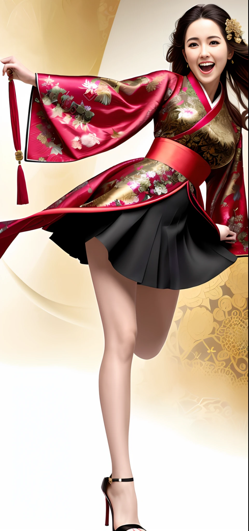 anime girl in a kimono outfit is running and smiling, she is dancing, (Marian Rivera), ray tracing, ((ultra vibrant)), intricate details,highly detailed,perfect face, slender, thin, (mature woman:1.2) ,shiny skin, narrow waist, skindentation, a woman jump in the air wearing an asian dress, in the style of floralpunk, exquisite clothing detail, fujifilm x-t4, red and gold, official art, lev lagorio, anime art , silk, beautiful hanfu, gorgeous hanfu, multilayer hanfu, multicolor hanfu, colorful hanfu, luxurious fabrics, gold leaf, ((lots of fabric)) , floralpunk, (red and gold, qing dynasty, high quality photo, cult party kei), absurdres, highres, ultra detailed, (ultra-detailed background, detailed background), extremly detailed, 1girl, 20 years old, zentangle:1.2, geometric:1.2, lots of words, sexy huge breasts