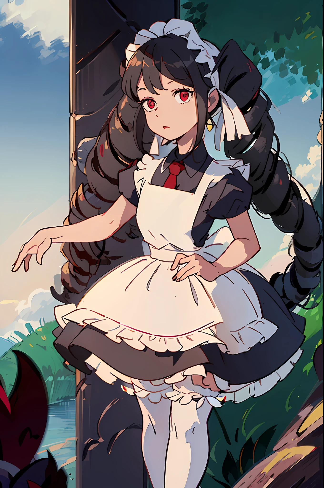 (masterpiece:1.4), (best qualit:1.4), (high resolution:1.4), Celestia Ludenburg, has black hair in two large twin-drill pigtails, red eyes, black dress, white apron, black hairband, white tight bloomers, neutral expression, looking at viewer, skirt lifted, presenting panties, shrunken, in jam jar, cork, sealed, crammed