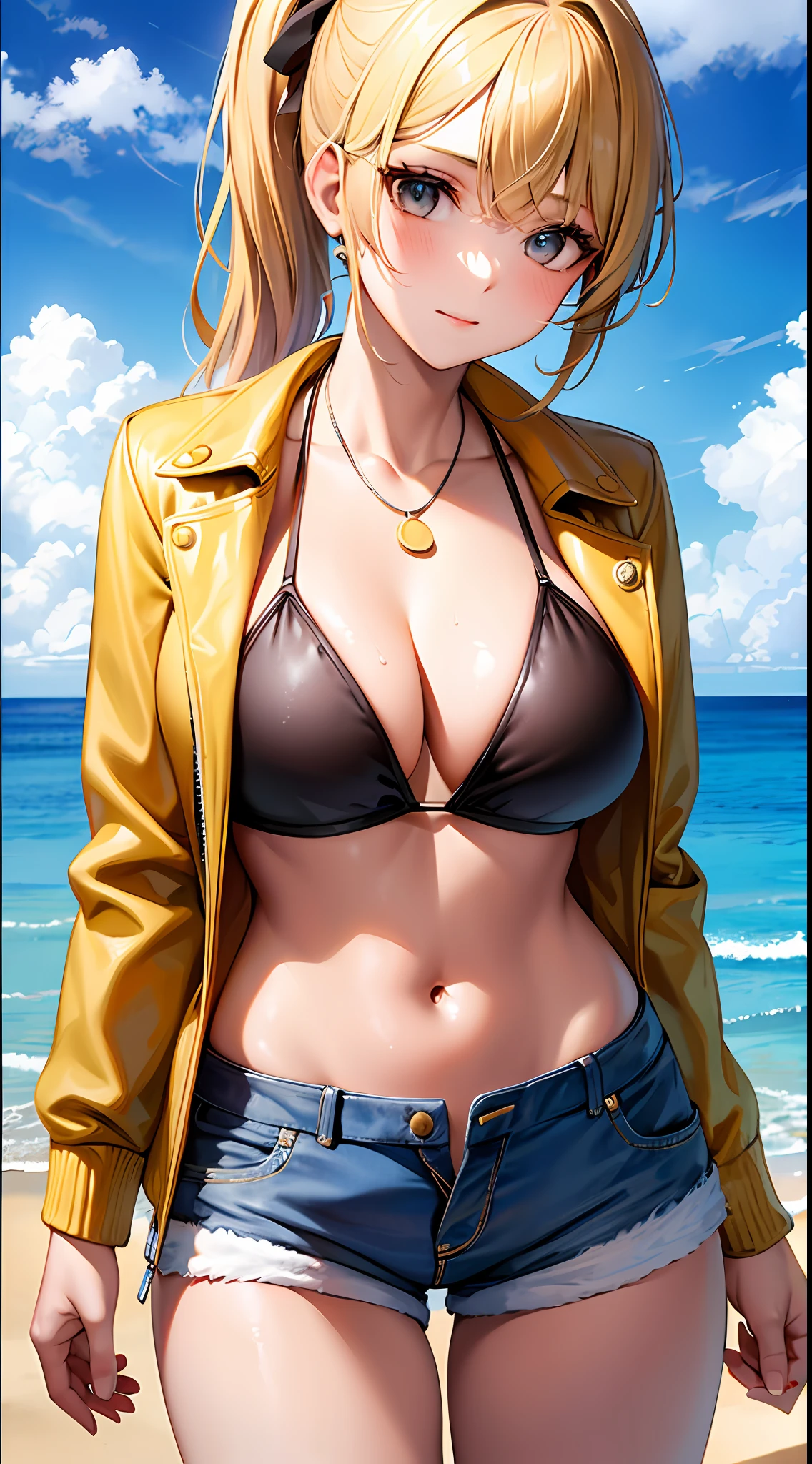 1girl, masterpiece, best quality, medium full shot, blonde ponytail, (open jacket, bikini, busty, shorts), beach