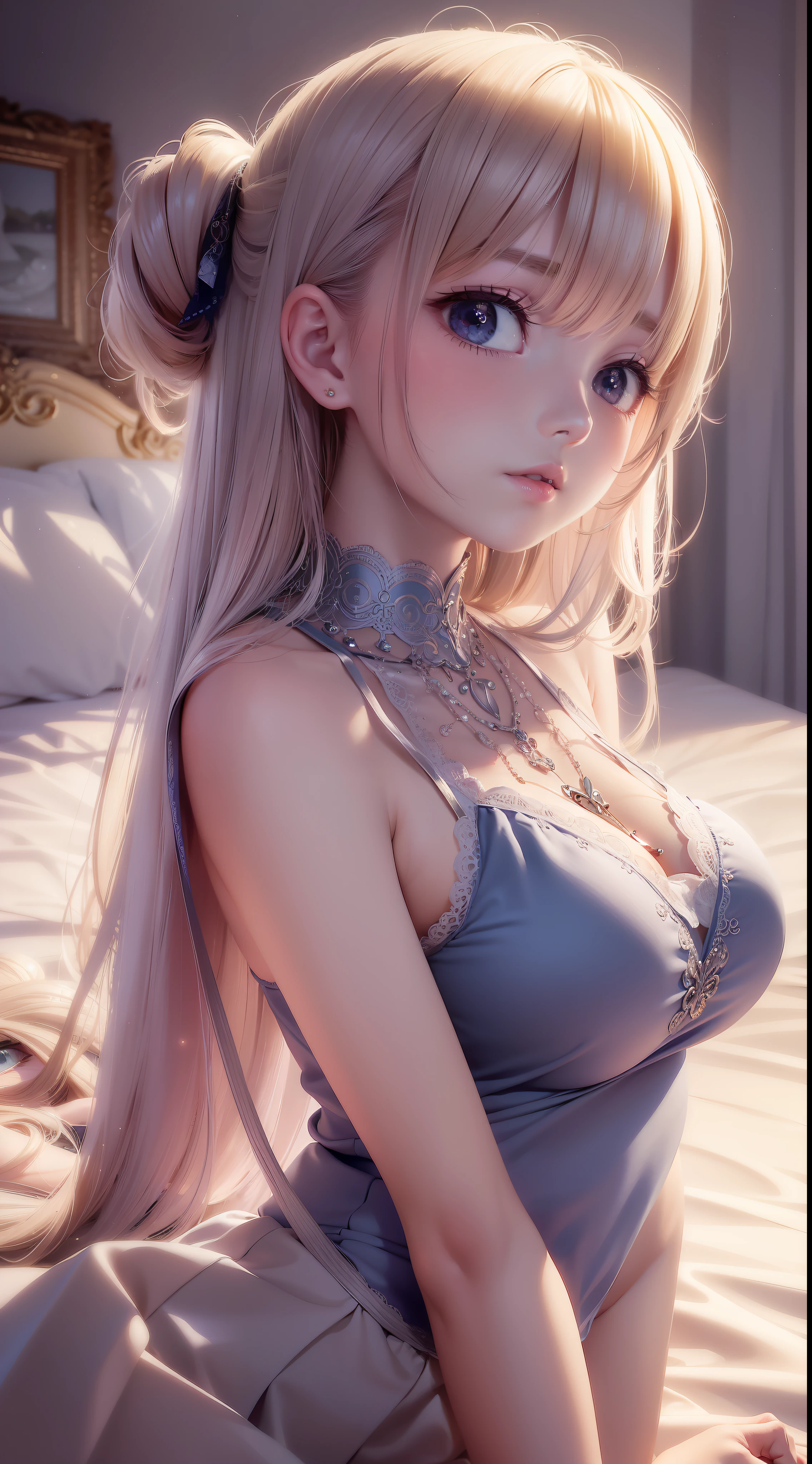 18k ultra-fine CG wallpaper, masterpiece, excellent picture quality, super delicate), (excellent light and shadow, delicate and beautiful), real smooth skin, bright face, 18K close-up, li girl, wearing gorgeous sleeveless inch shirt and long skirt, lying prone on a white bed, colorful jewel-like eyes.