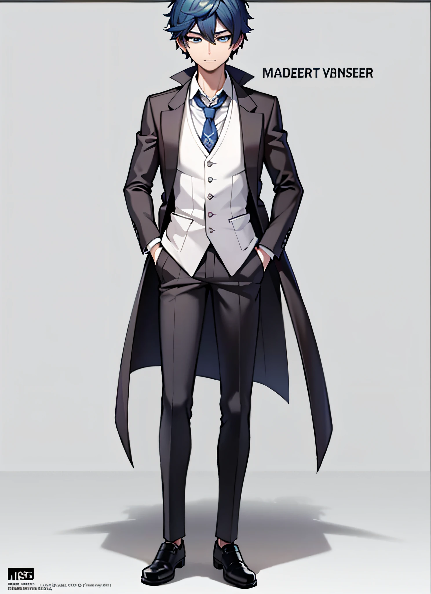 Full Body Vtuber, Full Body Portrait, Clear Face, Best Quality Masterpiece, ((male)), looking at the audience, standing looking directly at the audience, solo, blue eyes, white sailor's suit, (dark blue hair)), Short hair, Full body portrait, ((8k , RAW photo, highest quality, masterpiece), Professional photo, (best shadow), Ultra High Definition, Cinematic Light, High Detail CG Includes 8K Wallpapers, (Full)),