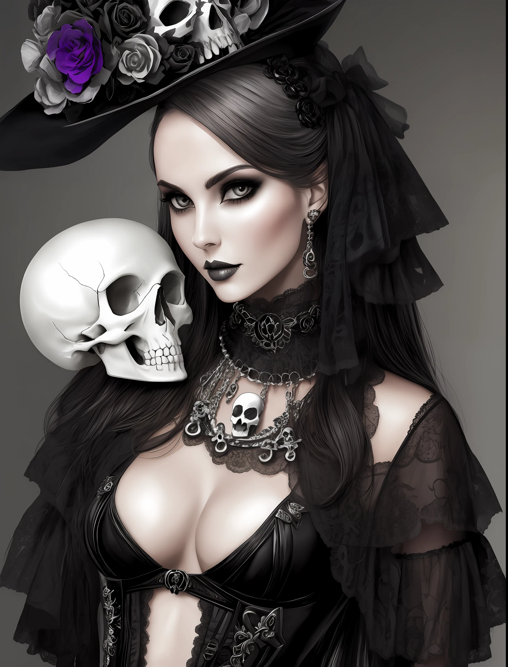 Necromancerous sensual woman with a skull in the non-sensualizing