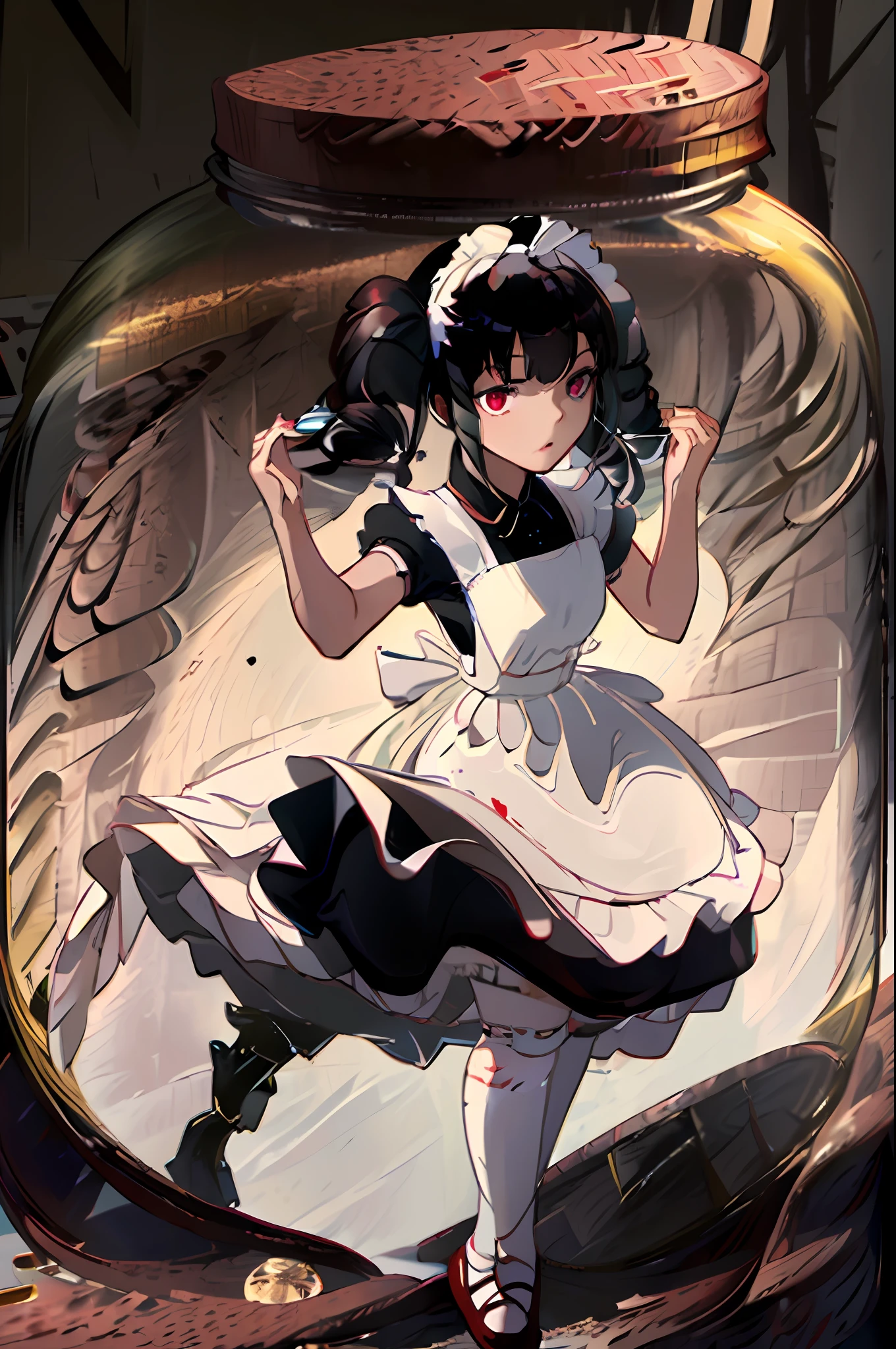 (masterpiece:1.4), (best qualit:1.4), (high resolution:1.4),  shrunken, in jam jar, cork, sealed, crammed, Celestia Ludenburg, has black hair in two large twin-drill pigtails, red eyes, black dress, white apron, black hairband, white tight bloomers, neutral expression, looking at viewer, skirt lifted, presenting panties,