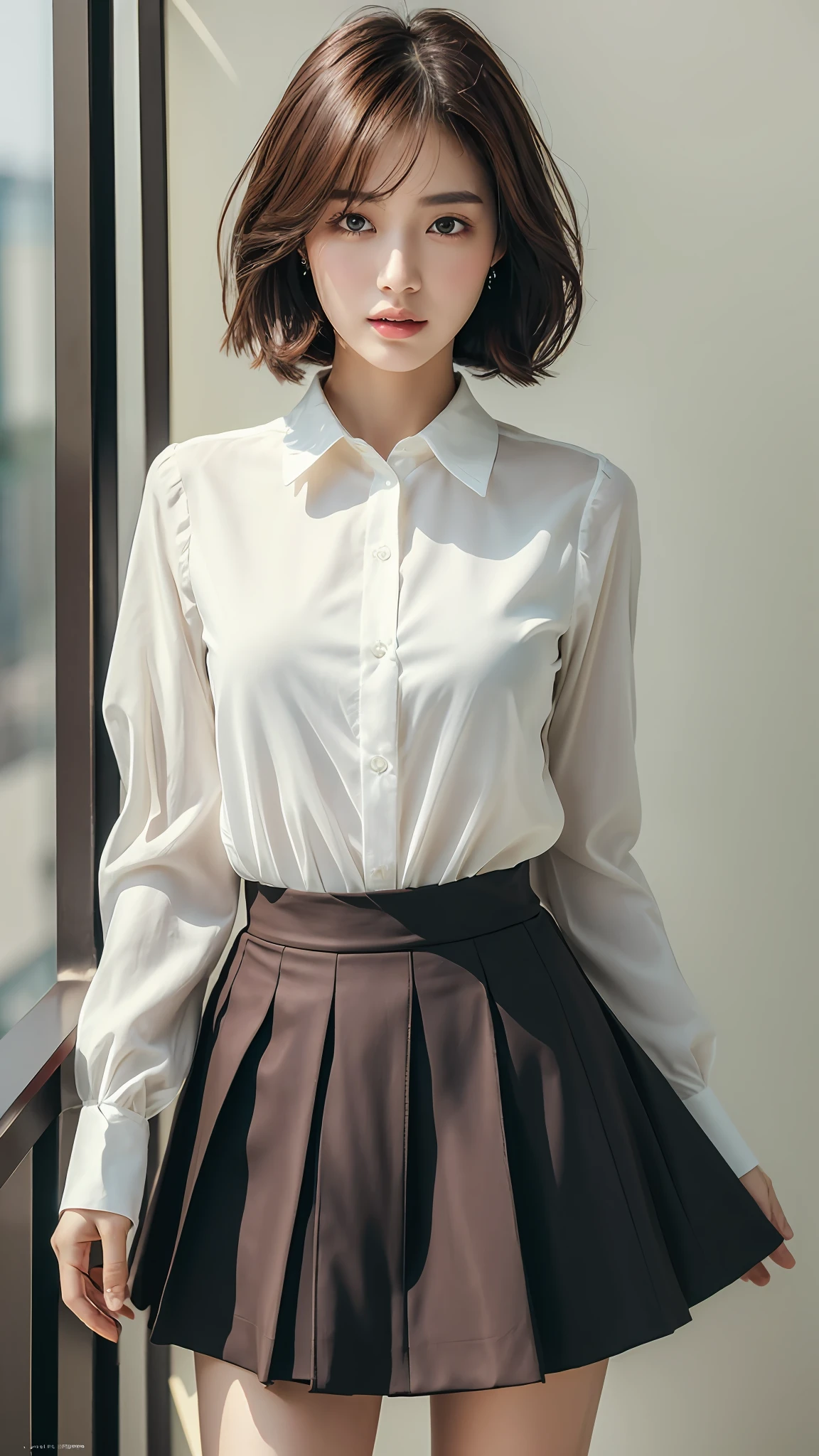 (Best quality, Ultra high resolution, Delicate, Masterpiece, Full body :1.3), Photorealistic, A pretty woman, Ulzzang-6500-v1.1, Slim figure beauty, Slim waist, (Short hair), Collared shirt and flared skirt, Outdoor, Warm tone, Soft light, Details exquisitely rendered in the face and skin texture, Detailed eyes, Double eyelid
