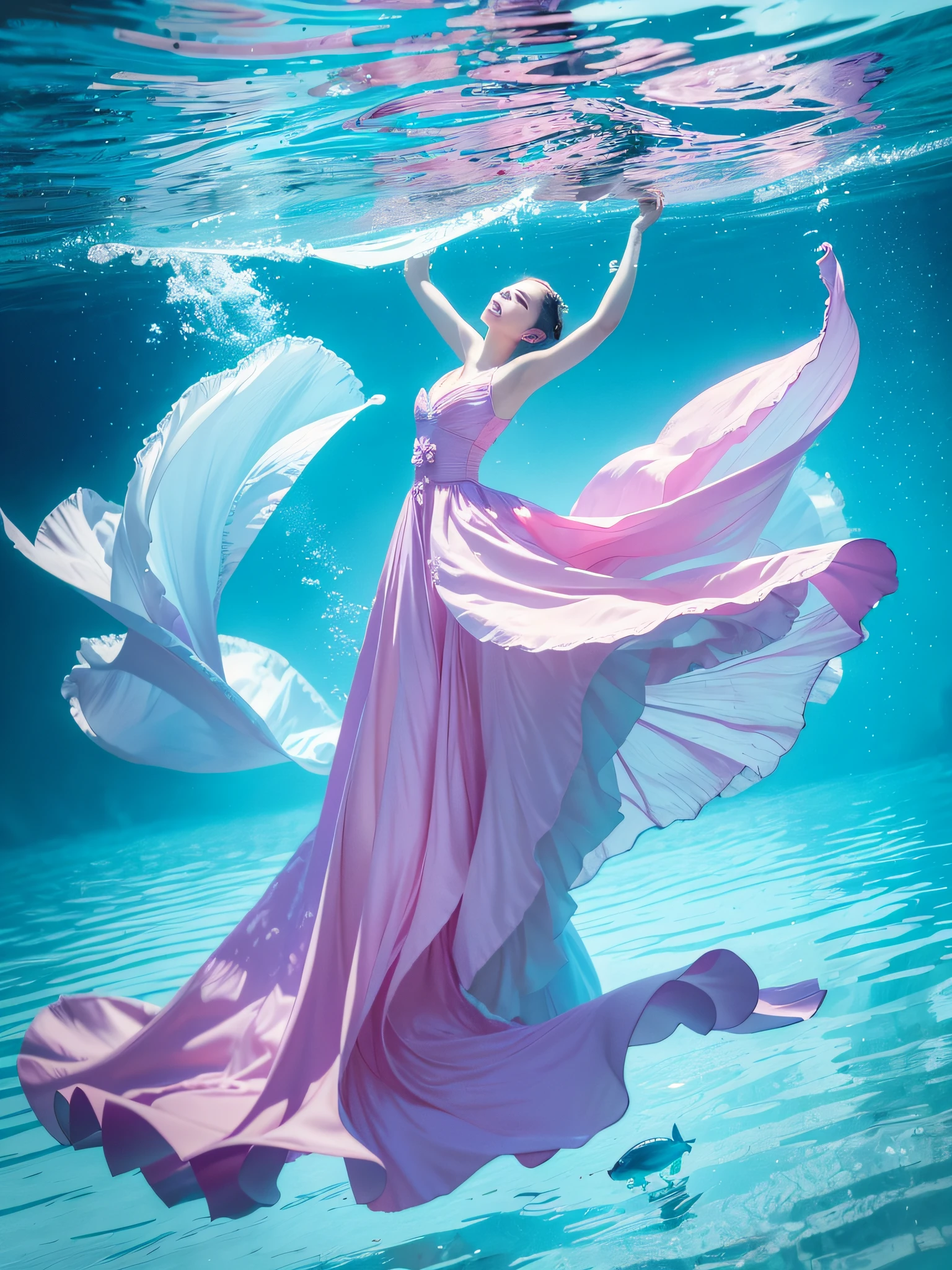 arafed image of a woman in a dress floating in the water, beautiful digital artwork, floating under water, beautiful digital illustration, stunning digital illustration, ross tran 8 k, artgerm and atey ghailan, a beautiful artwork illustration, beautiful gorgeous digital art, in style of cyril rolando, inspired by Ross Tran, underwater photography, by Alexander Kucharsky