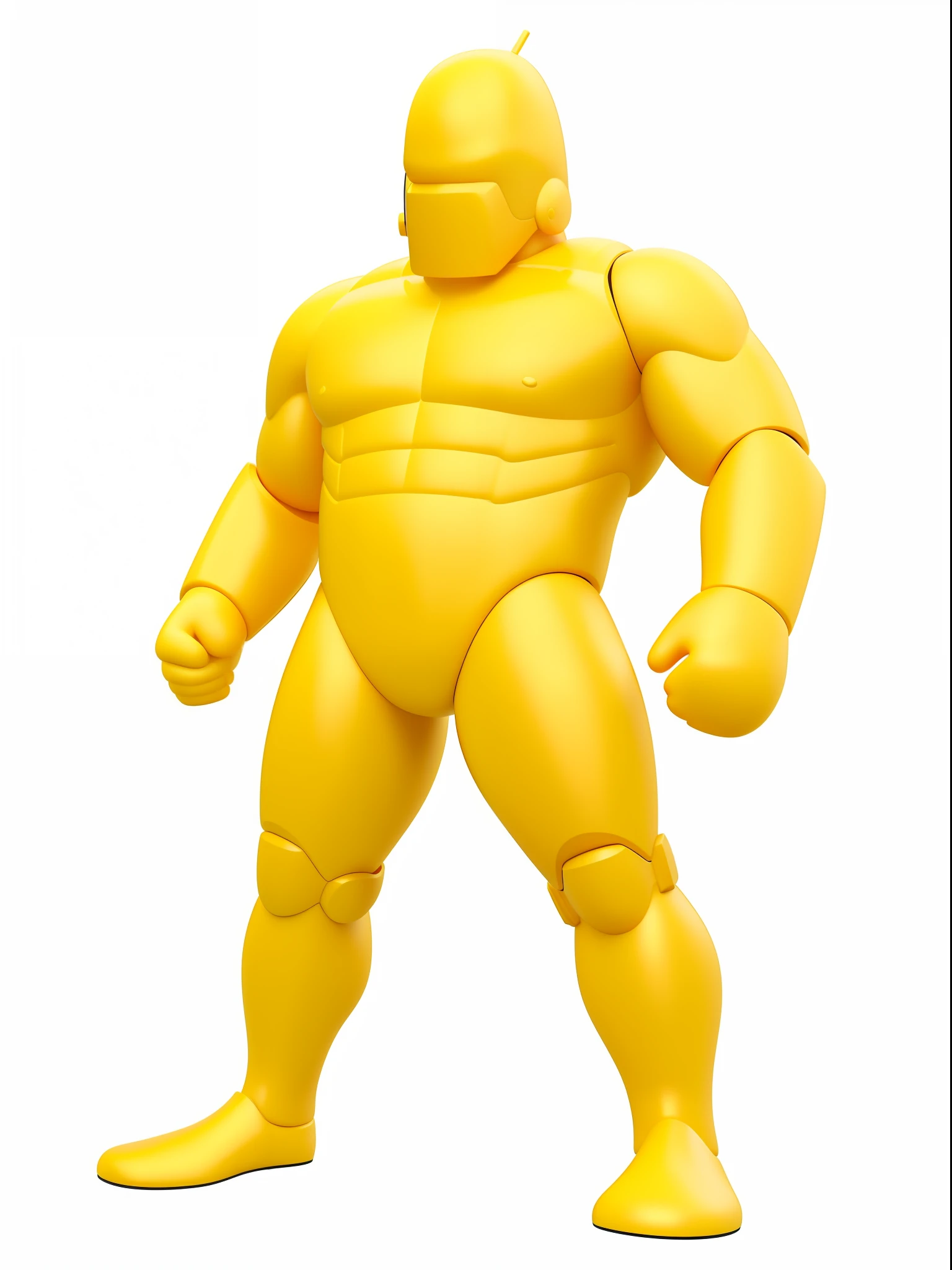 a close up of a yellow toy figure with a black background, full body mascot, 3d model of a japanese mascot, yellow skin, yellow human-sized warforged, muscular character, buff man, yellow space suit, fullbodysuit, 3d render of homer simpson, yellow x-man costume, blob anime, high detail iconic character, arnold 3 d render