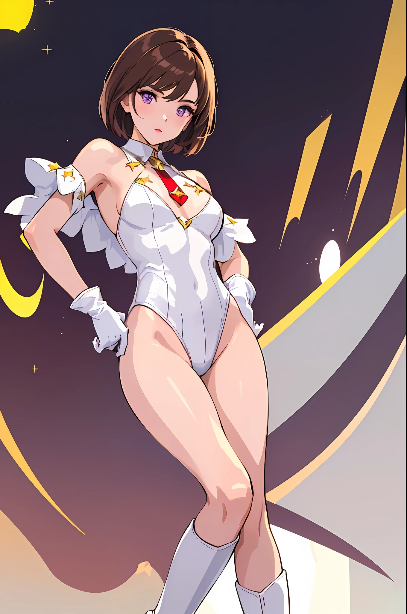 ((masterpiece)). ((best quality)), ((highres)), 1girl, solo, short hair, brown hair, purple eyes, (full body), standing, hands on hip, (sleeveless white and red leotard with yellow accents and star emblem embedded in chest area), (matching white gloves), ((bare legs)), superhero, tokyo city backdrop, matching boots, medium breasts, 20 age,