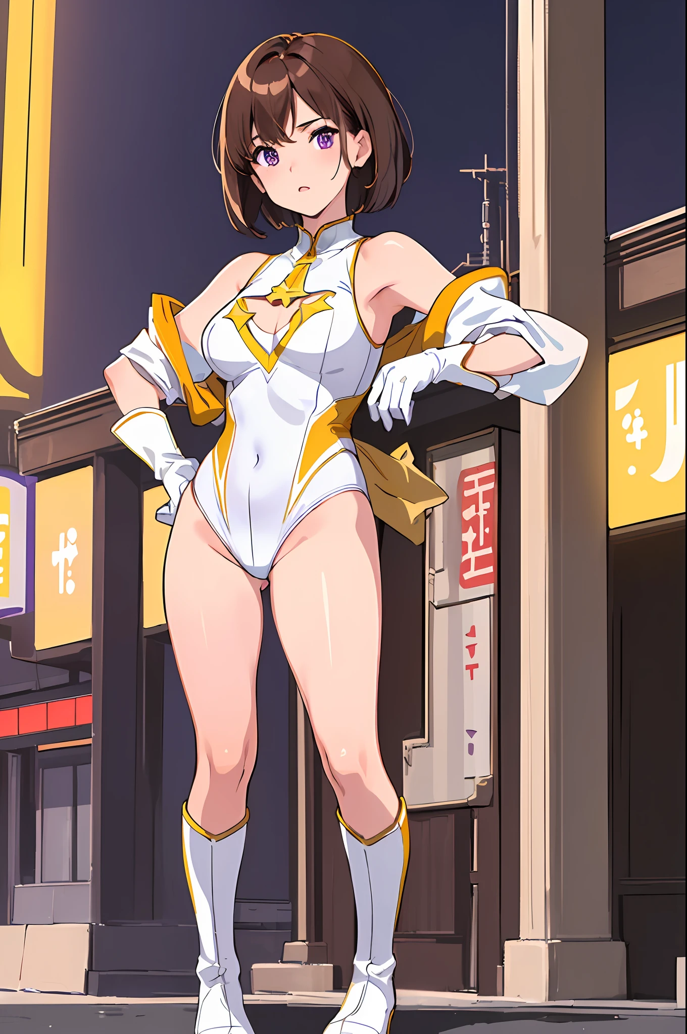 ((masterpiece)). ((best quality)), ((highres)), 1girl, solo, short hair, brown hair, purple eyes, (full body), standing, hands on hip, (sleeveless white and red leotard with yellow accents and star emblem embedded in chest area), (matching white gloves), ((bare legs)), superhero, tokyo city backdrop, matching boots, medium breasts, 20 age,