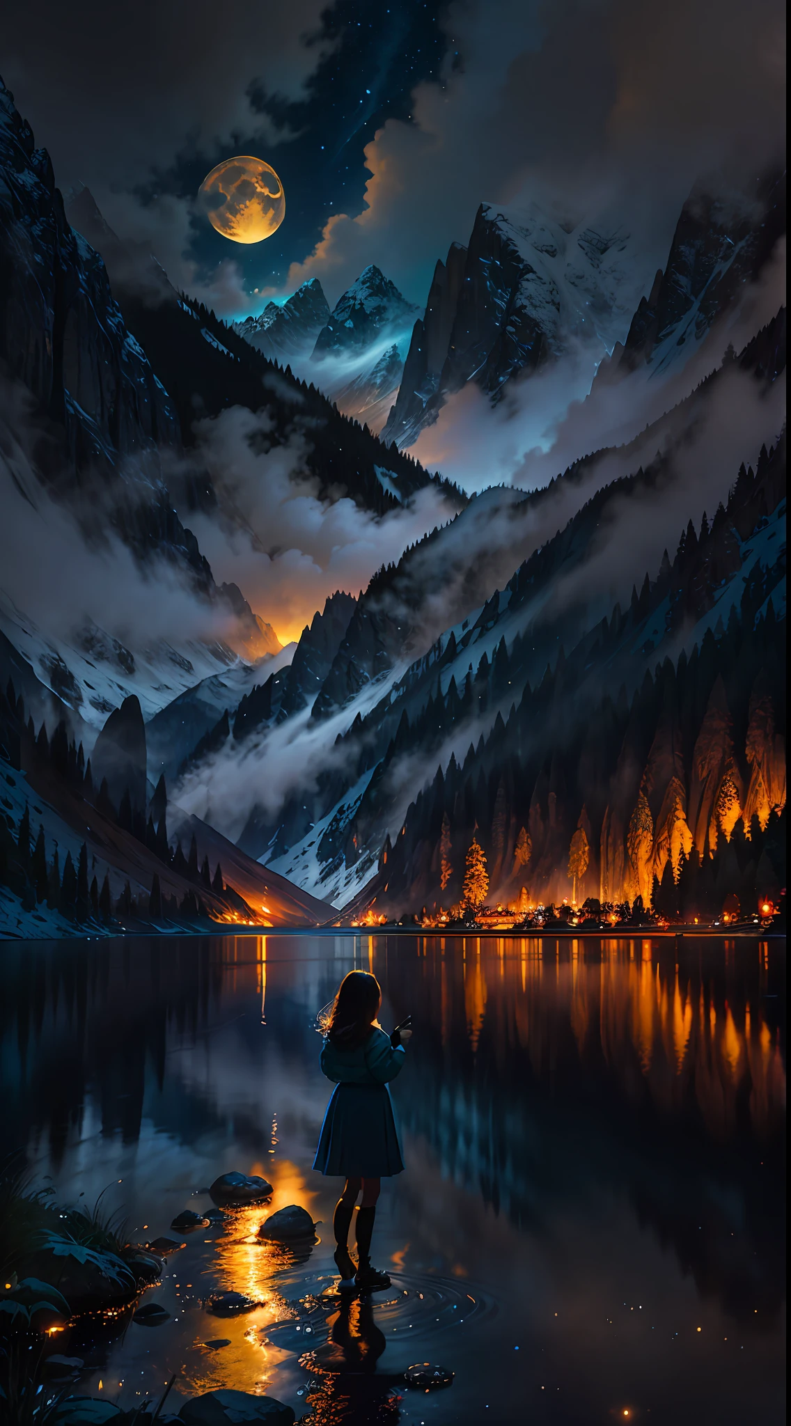 A girl stands by a lake surrounded by mountains, fireflies dancing in the night. Their glow creates a magical atmosphere that illuminates the surroundings with a delicate glow. The moon, partially obscured by dark clouds, has a faint ripple on the surface of the lake, adding to the ethereal atmosphere. The illustration style draws inspiration from the fascinating work of Thomas Kinkade, known for his picturesque landscapes and captivating use of light. The color palette combines cool blues and greens with warm gold tones to capture the mysterious beauty of the moment. The camera angle captures the girl's contemplative pose, capturing her connection to nature and the charm of the scene.
