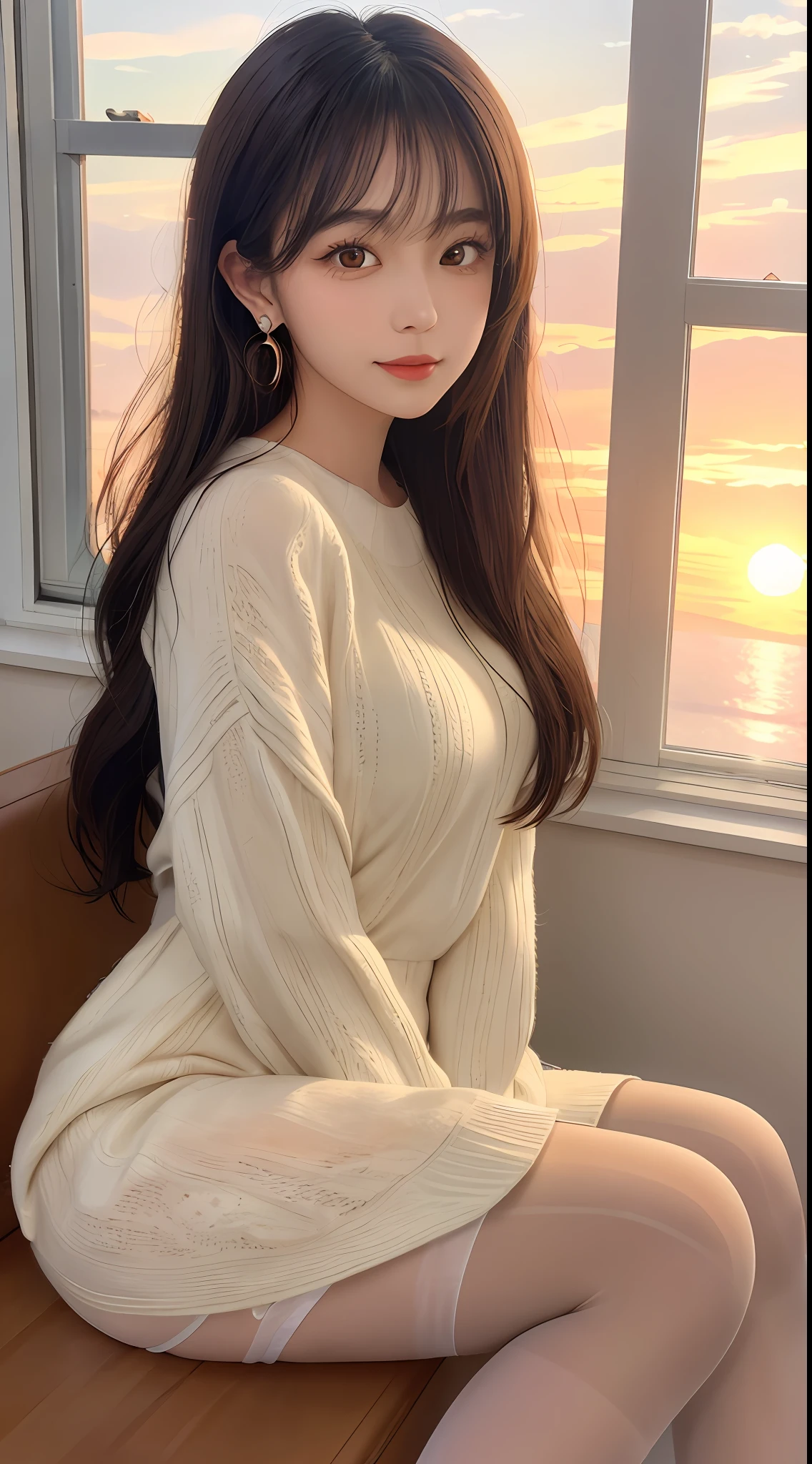 1 beautiful girl, sad girl, sitting by the window, long hair, beautiful face without blemishes, rosy face, earrings, brown eyes, thin eyebrows, most thorough makeup is eyelashes, red lips, lips petite, graceful smile, big and round bust, slim waist, big butt, long legs, wearing white sweater, black mesh stockings, long hair, one afternoon, sunset is fading, sky color orange, clear sunset background image, sad girl, sitting by the window, 1 afternoon, sunset is fading, sky is orange, detailed sunset background image, quality best image quality, 8k quality, 4x scale, real girl, girl portrait sitting by the window, artwork, upper body half,