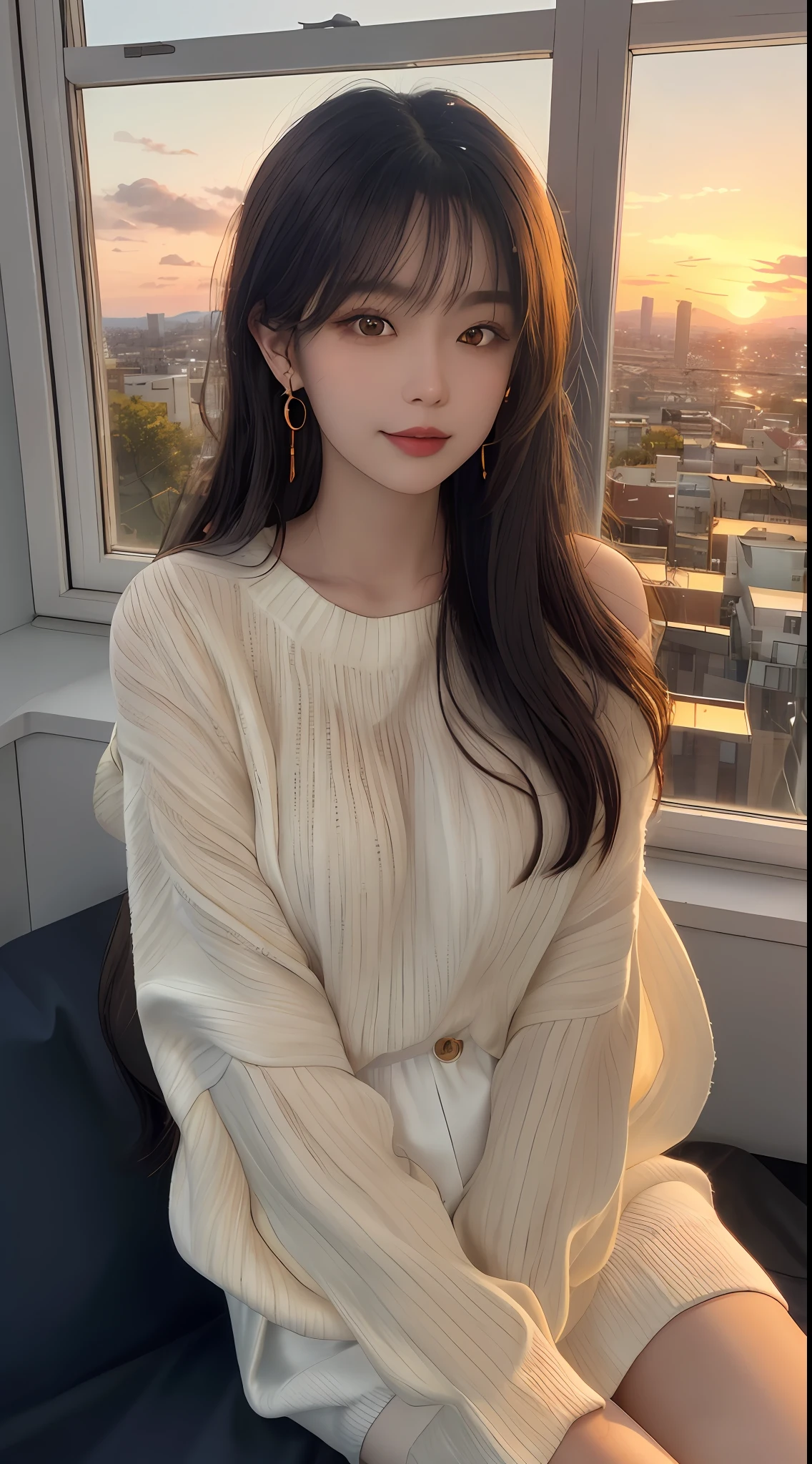 1 beautiful girl, sad girl, sitting by the window, long hair, beautiful face without blemishes, rosy face, earrings, brown eyes, thin eyebrows, most thorough makeup is eyelashes, red lips, lips petite, graceful smile, big and round bust, slim waist, big butt, long legs, wearing white sweater, black mesh stockings, long hair, one afternoon, sunset is fading, sky color orange, clear sunset background image, sad girl, sitting by the window, 1 afternoon, sunset is fading, sky is orange, detailed sunset background image, quality best image quality, 8k quality, 4x scale, real girl, girl portrait sitting by the window, artwork, upper body half,