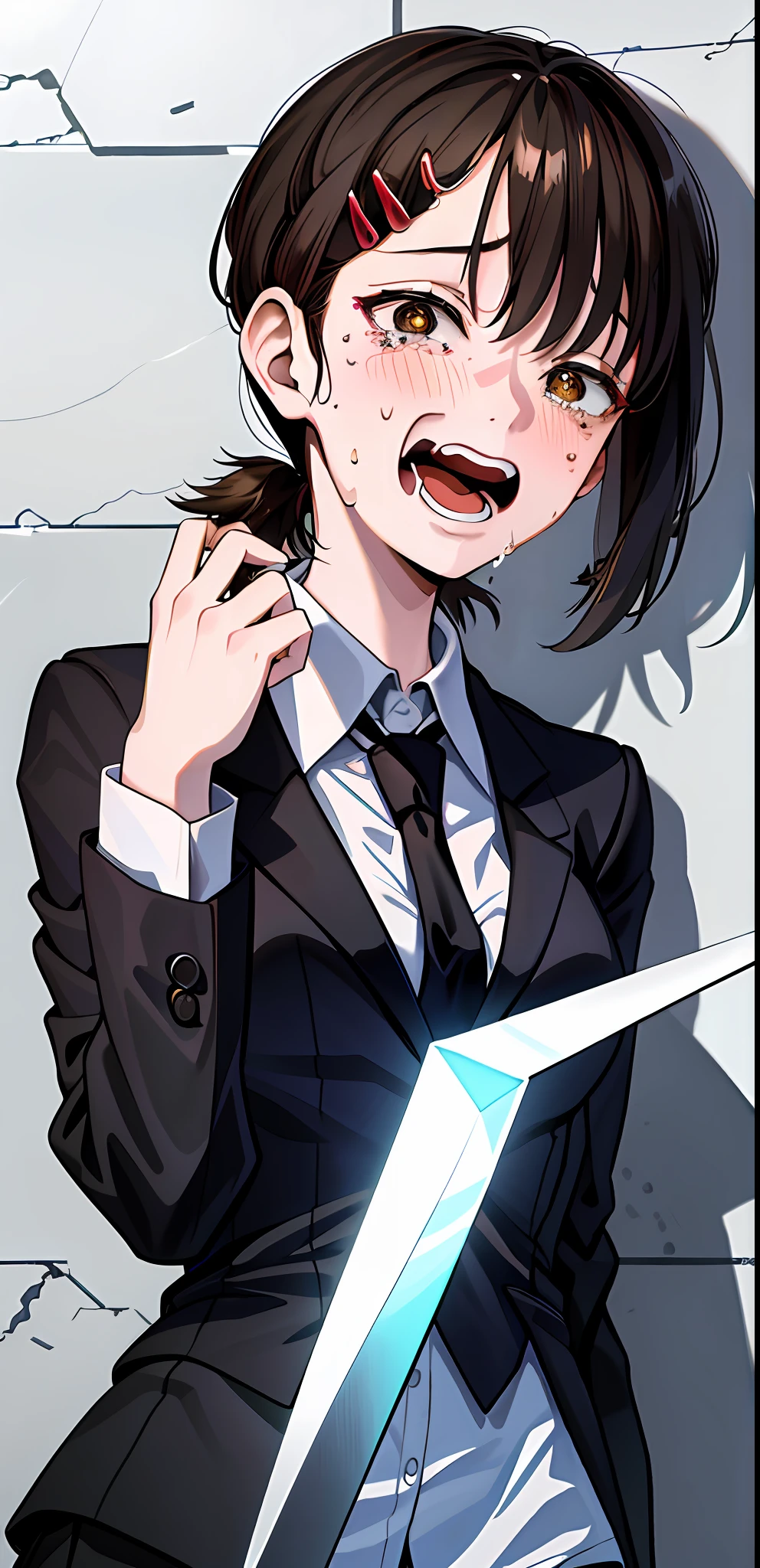 (sfw), (masterpiece:1.2), best quality, masterpiece, highres, original, extremely detailed wallpaper, (ultra-detailed), (best illustration), (best shadow), (realism), small breasts, perky breasts, business suit, holding a knife, crazy look, crazy eyes, yandere, sweating, crying, blushing, blazer, black necktie, white collared shirt, (brown eyes),mouth open , screaming, screaming face