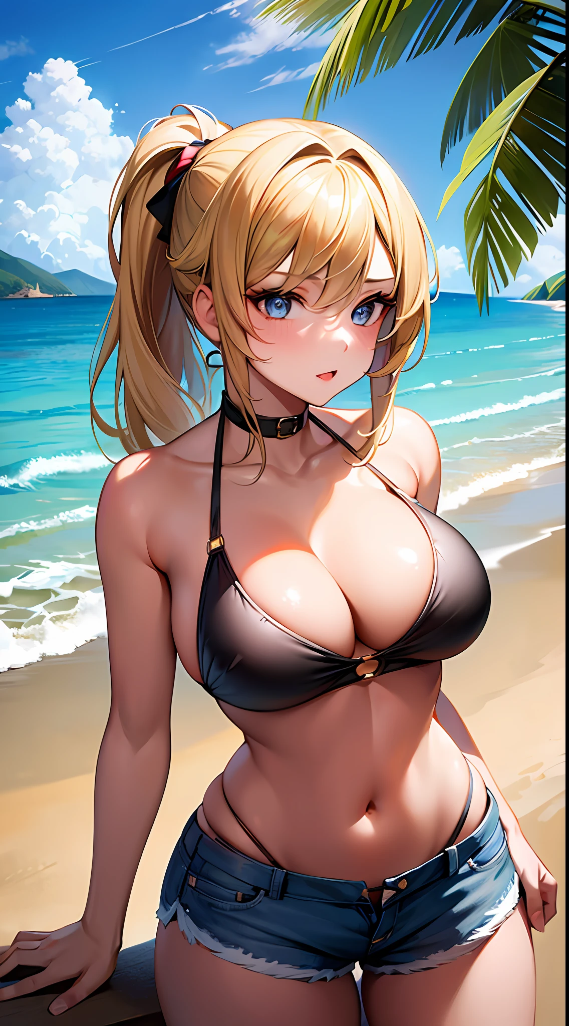1girl, masterpiece, best quality, medium full shot, blonde ponytail, (bikini, busty, shorts, sexy), beach