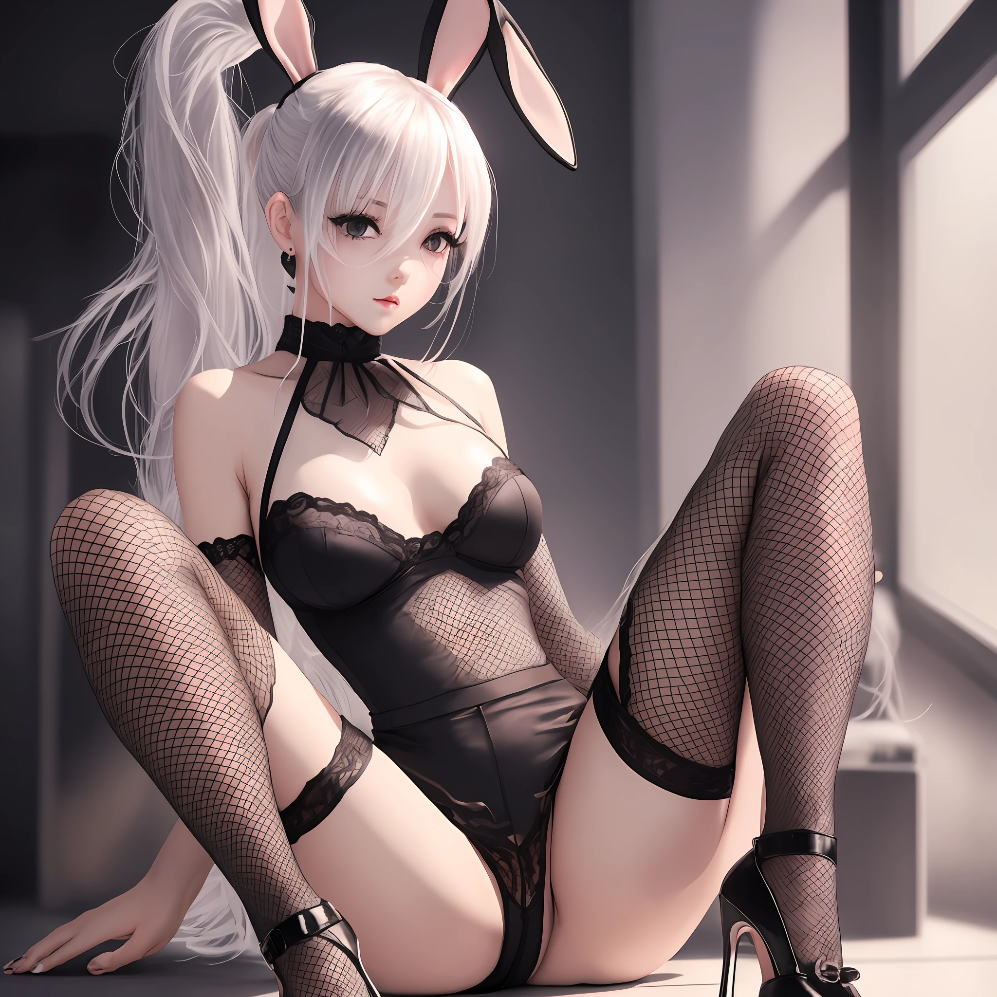 A woman, white skin, short ponytail, blush, cute, breasts, bunny girl, delicate facial expression, long legs, black fishnet stockings, black high heels, silver gradient hair, best lighting, best shadow, UHD, exposed thighs --auto --s2