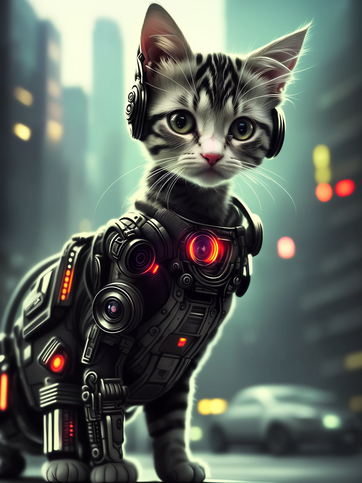 A cute kitten, curious++, cyborg+, cyberpunk style, (intricate detail)++, HDR, (intricate detail)+, (super detailed)+, cinematic lens, vignette [(two size)