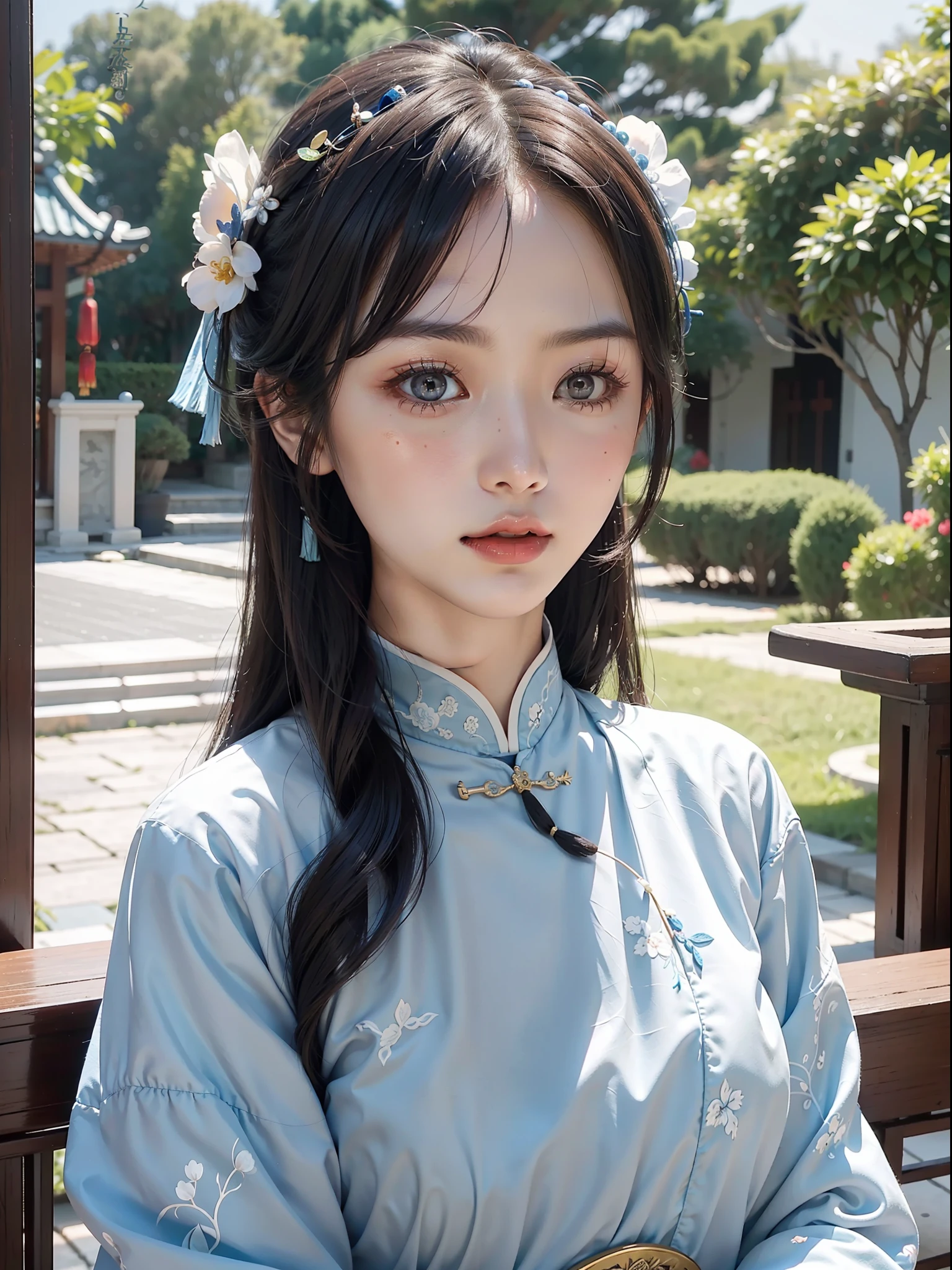 A Chinese beauty, imagine that she is wearing a cheongsam or Hanfu with blue and white porcelain patterns, fair skin, beautiful face, bright eyes, showing the softness and charm of oriental women