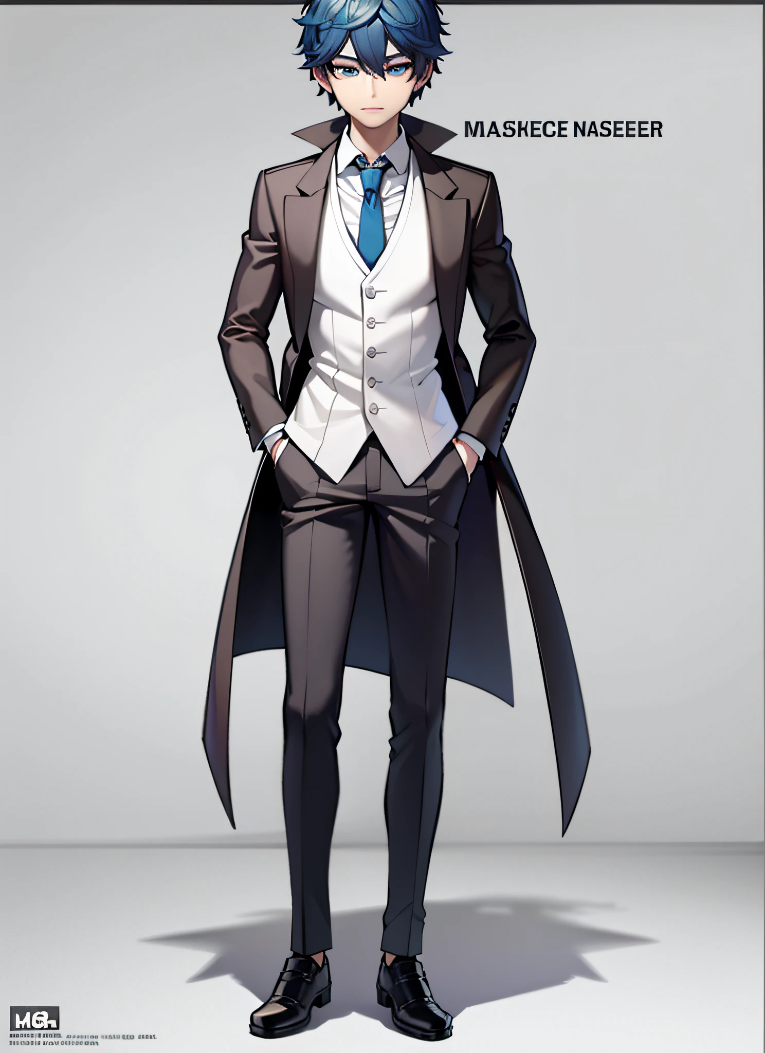 Full Body Vtuber, Full Body Portrait, Clear Face, Best Quality Masterpiece, ((male)), looking at the audience, standing looking directly at the audience, solo, blue eyes, white sailor's suit, (dark blue hair)), Short hair, Full body portrait, ((8k , RAW photo, highest quality, masterpiece), Professional photo, (best shadow), Ultra High Definition, Cinematic Light, High Detail CG Includes 8K Wallpapers, (Full)),